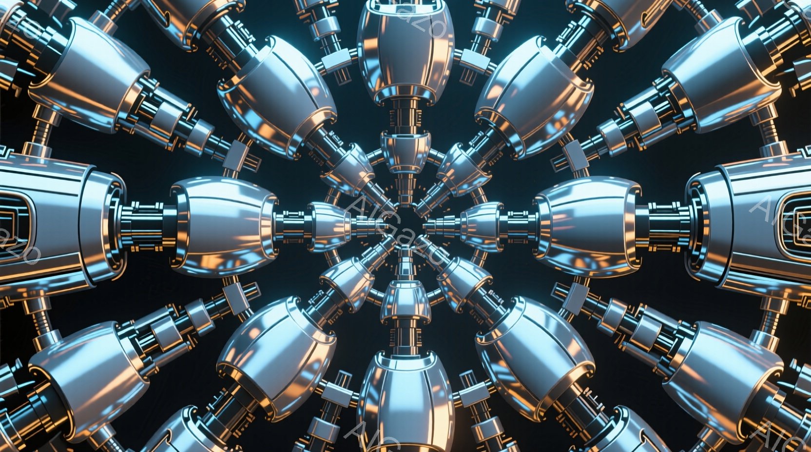 画像は、中央に向かって収束する多数の銀色の機械アームの対称的な配置を示しています。アームは滑らかな金属製で、複雑なジョイントと金色のアクセントが施されており、未来的な産業デザインを想起させます。背景は暗く、アームの光沢と複雑さを強調し、全体的に洗練された、技術的な雰囲気を醸し出しています。
