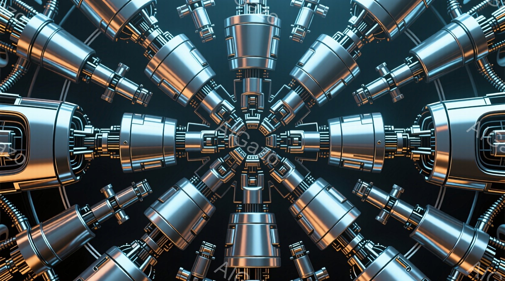 複雑な金属製の円形構造が印象的な画像です。中心から放射状に伸びるパイプや継手は、精密な機械内部の構造を連想させ、冷たい光沢が未来的な雰囲気を醸し出しています。黒色の背景が金属の質感を際立たせ、緻密で技術的な美しさを強調しています。