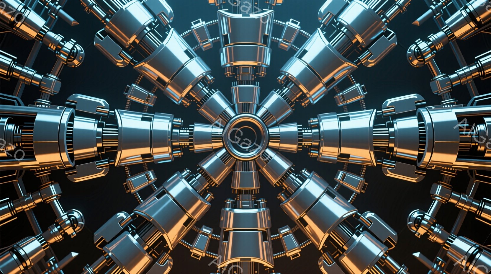 この画像は、中心から放射状に広がる複雑な機械構造のクローズアップです。金属製のパイプや円筒形コンポーネントが、正確かつ対称的に配置されており、光沢のある表面が未来的な雰囲気を醸し出しています。暗い背景とのコントラストが、メカニカルなディテールを強調し、精密さとテクノロジーの融合を表現しています。