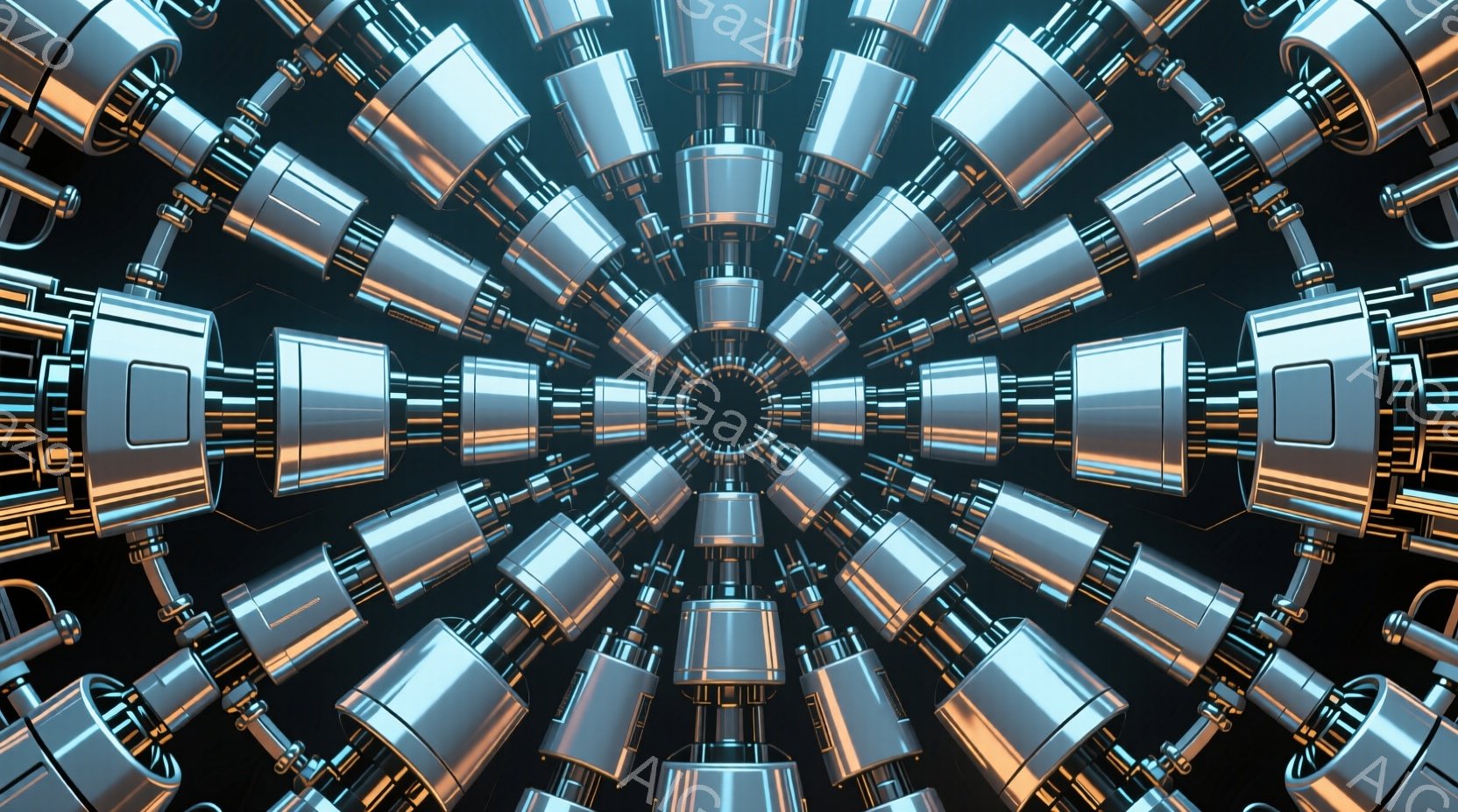 この画像は、中央に渦を巻くような、金属製のシリンダーが幾重にも重なり合った抽象的な構成です。シリンダーは銀色と金色で輝き、滑らかな表面が未来的な印象を与えます。背景は暗く、シリンダーの光沢と立体感を強調し、奥行きのある視覚効果を生み出しています。