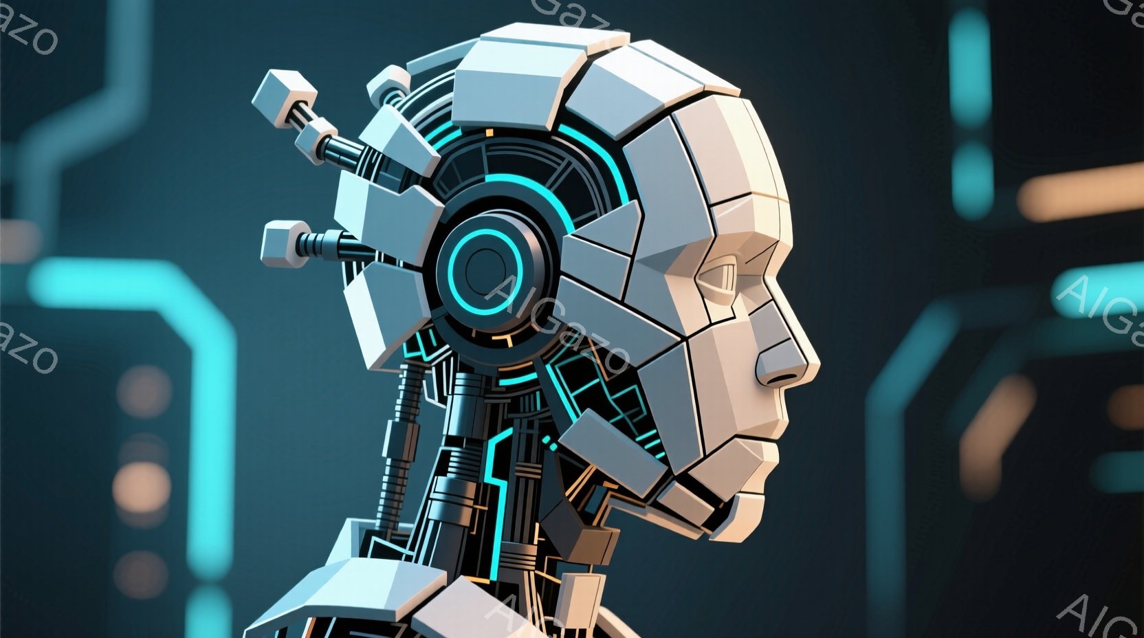 この画像は、未来的なロボットの頭部と肩の表現です。幾何学的な白い装甲で覆われ、青色の発光ラインが内部構造を強調しています。背景は、ネオンブルーの回路図のようなデザインで、高科技な雰囲気を醸し出しています。