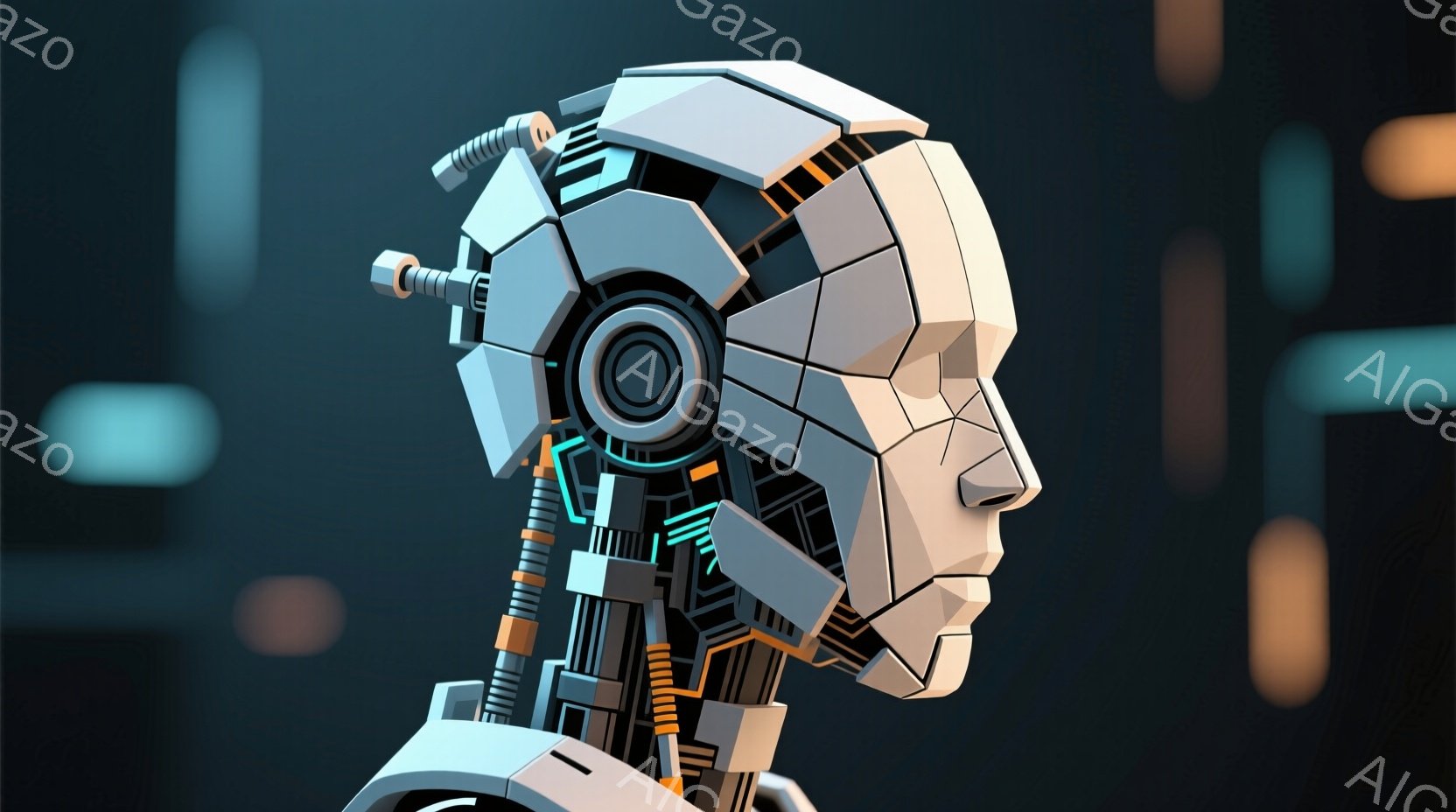 この画像は、未来的なロボットの頭部を捉えています。白い多角形の装甲で覆われ、内部にはオレンジ色の配線と機械的な構造が複雑に組み合わされています。背景は暗く、ぼやけたオレンジと青の光の斑点があり、ロボットの未来的な外観を際立たせています。