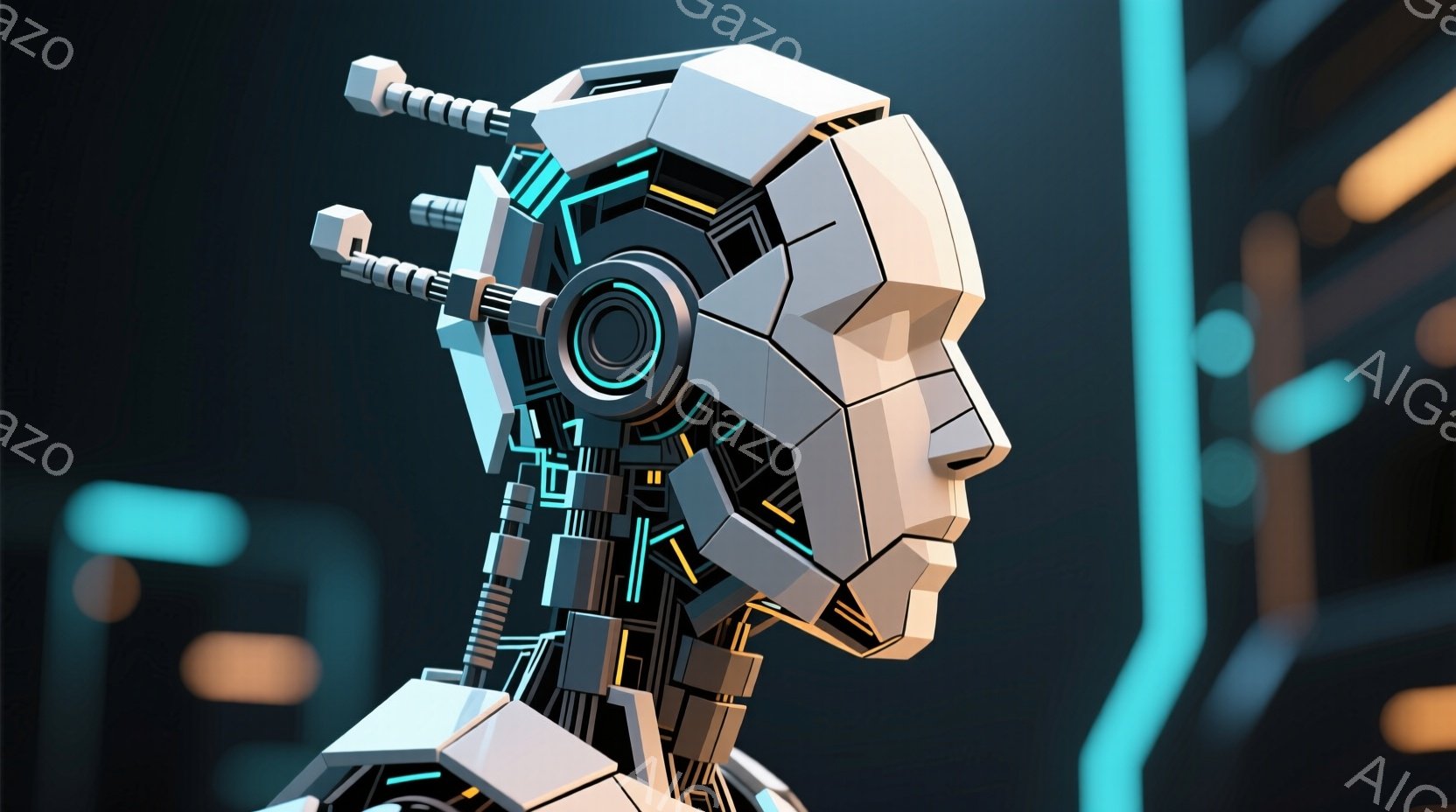 この画像は、未来的なロボットの頭部と肩部のクローズアップです。白と黒を基調とした幾何学的なデザインで構成され、青い発光ラインがアクセントになっています。背景は暗く、青い光のラインが走り、サイバーパンクのような雰囲気を醸し出しています。