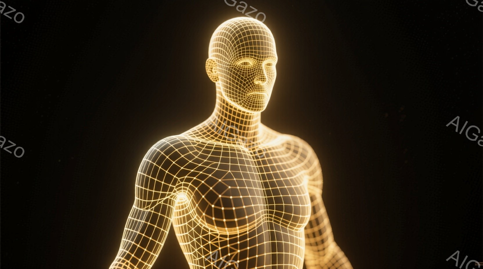 金色の線で構成された、人体のようなシルエットが描かれています。その姿は上半身のみで、顔には目鼻立ちがわずかに表現されており、無表情に見えます。背景は暗闇で、まるでデジタル空間に浮かぶホログラムのような印象を与えます。