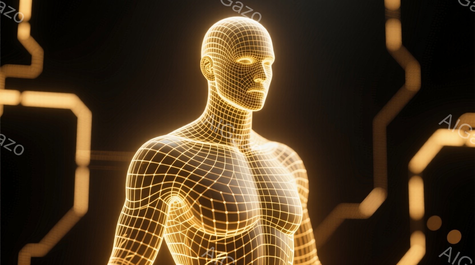 黄金色の光を放つ、ワイヤーフレームで構成された男性の胸像が描かれている。彼は正面を向き、表情は静かで、未来的な印象を与える。背景は暗く、幾何学的な光の線が描かれており、サイバーパンクやテクノロジーを連想させる雰囲気である。