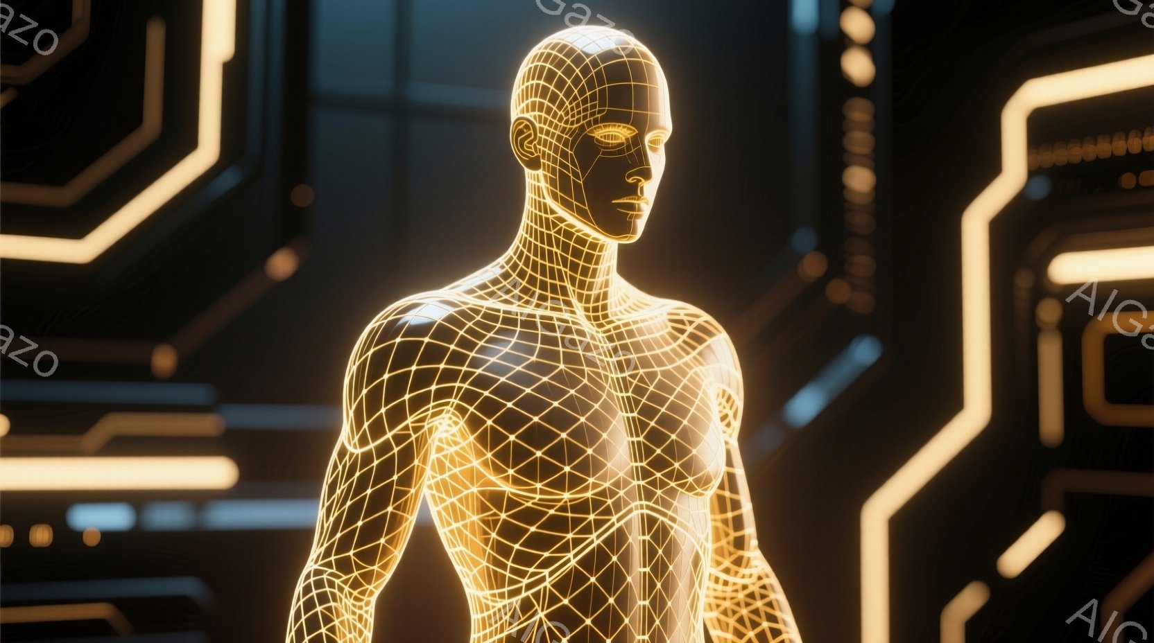 この画像は、光る線で構成された男性の人物像が描かれています。彼は上半身を露出しており、未来的なテクノロジーを想起させる構造を持っています。背景には、幾何学的な模様の光る線が描かれ、サイバーパンクまたはSFの世界観を強く感じさせます。