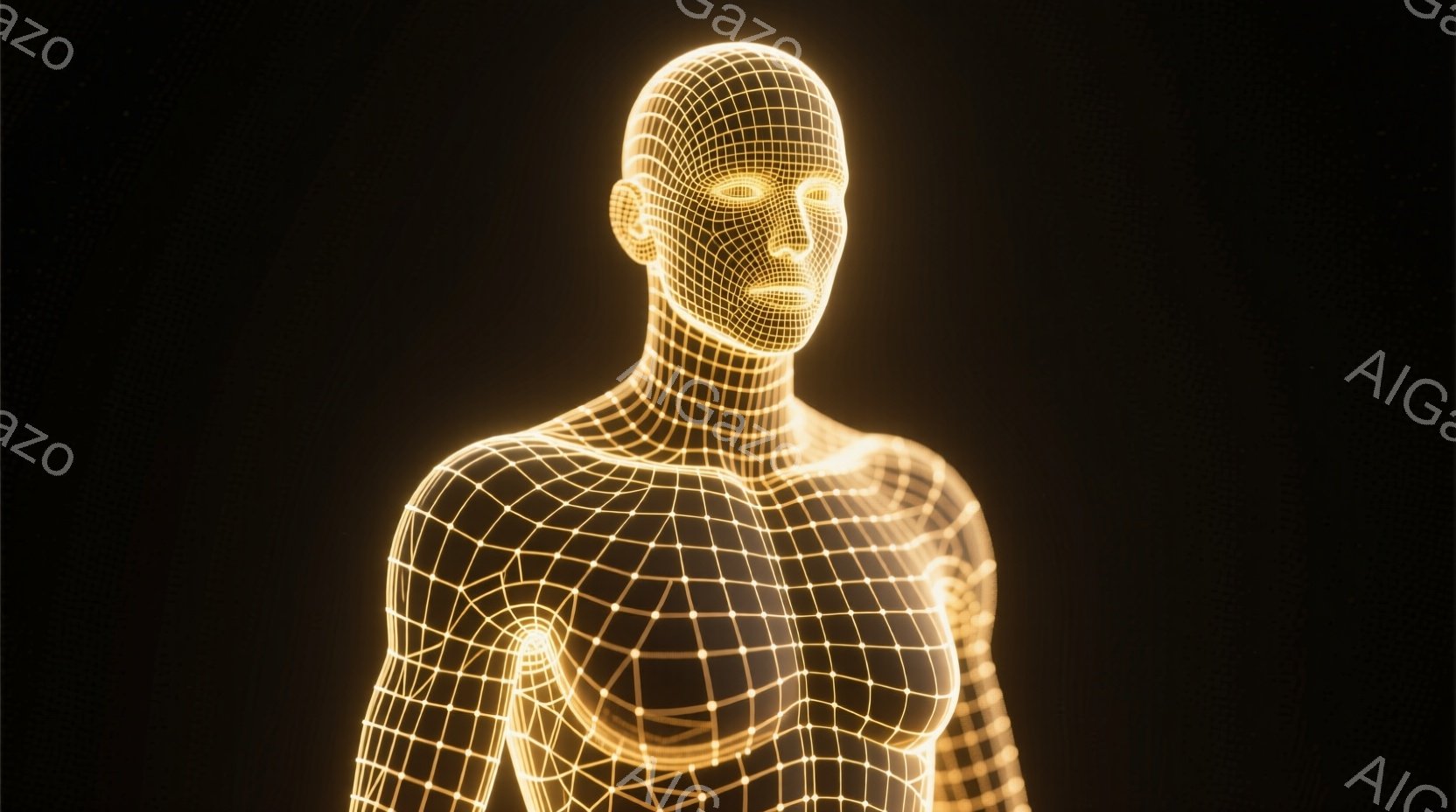 この画像は、金色のワイヤーフレームで構成された男性の胸像が描かれています。彼の表情は穏やかで、未来的な雰囲気を醸し出しています。背景は暗く、人物が発光しているため、強いコントラストを生み出しています。