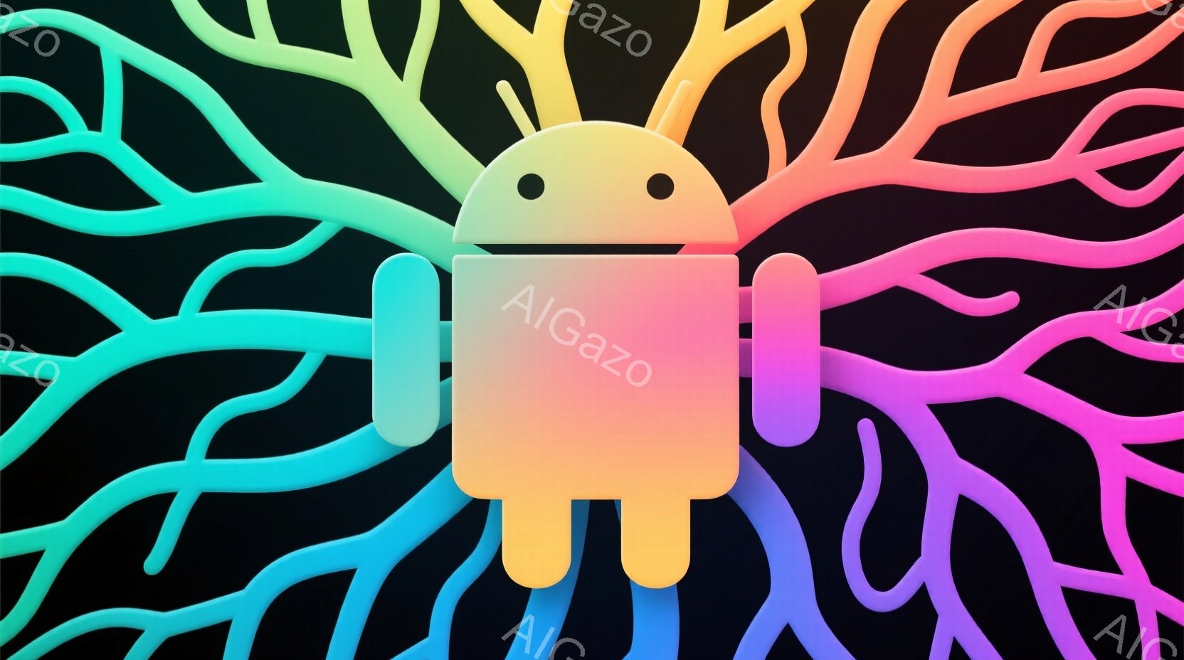 鮮やかなグラデーションの背景に、Androidのロボットが配置されています。背景は、黒を基調とした複雑な樹枝状の模様で、明るいピンク、紫、緑、オレンジ、黄色の色が混ざり合っています。ロボットは正面を向き、シンプルで可愛らしい印象を与え、全体的に未来的な雰囲気を醸し出しています。