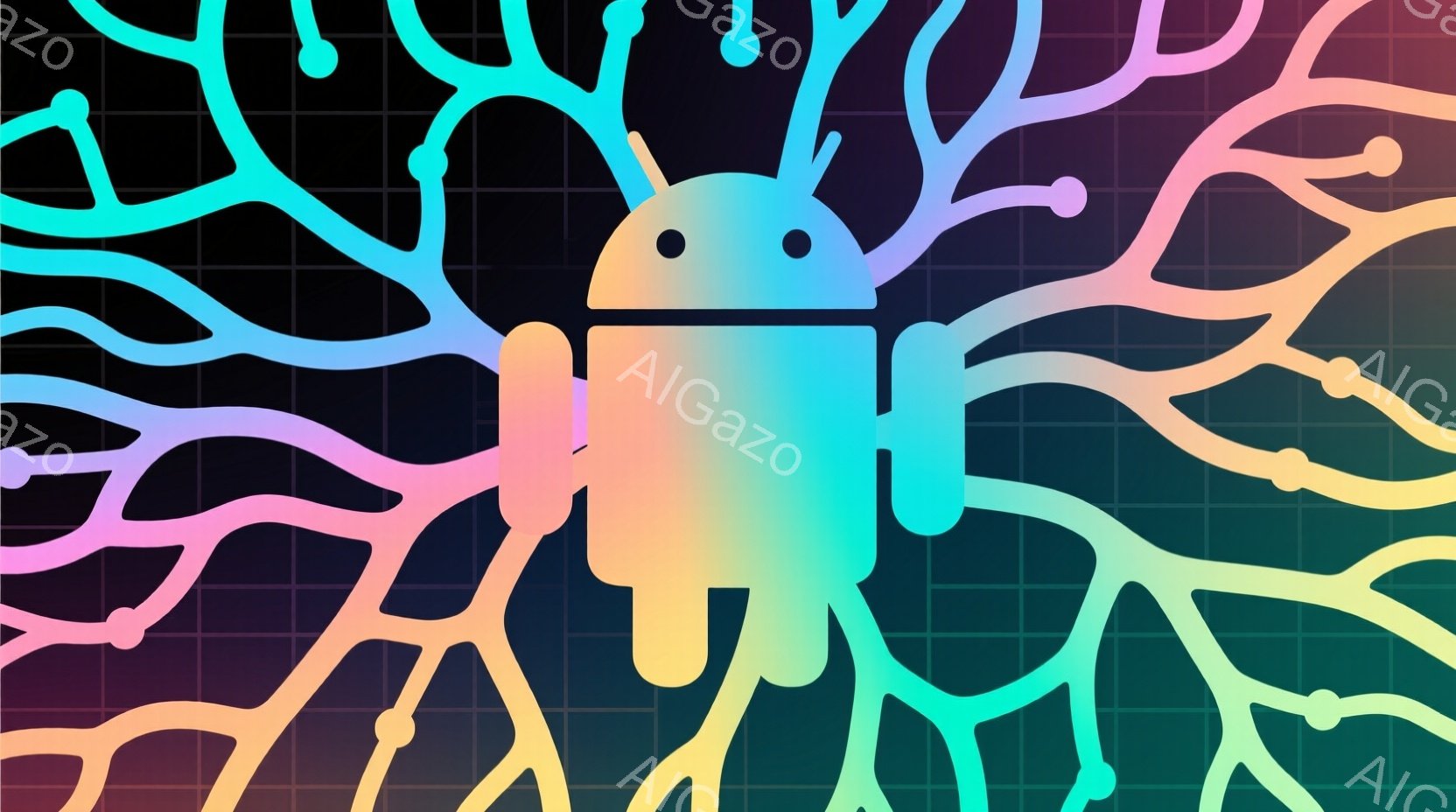 画像の中心には、鮮やかなグラデーションがかかったアンドロイドのシルエットが描かれています。背景には、複雑に絡み合った光る線状の模様が広がり、まるで神経細胞や回路網のような印象を与えます。全体的に、未来的なテクノロジーと生命的なエネルギーが融合した、神秘的で美しい雰囲気です。