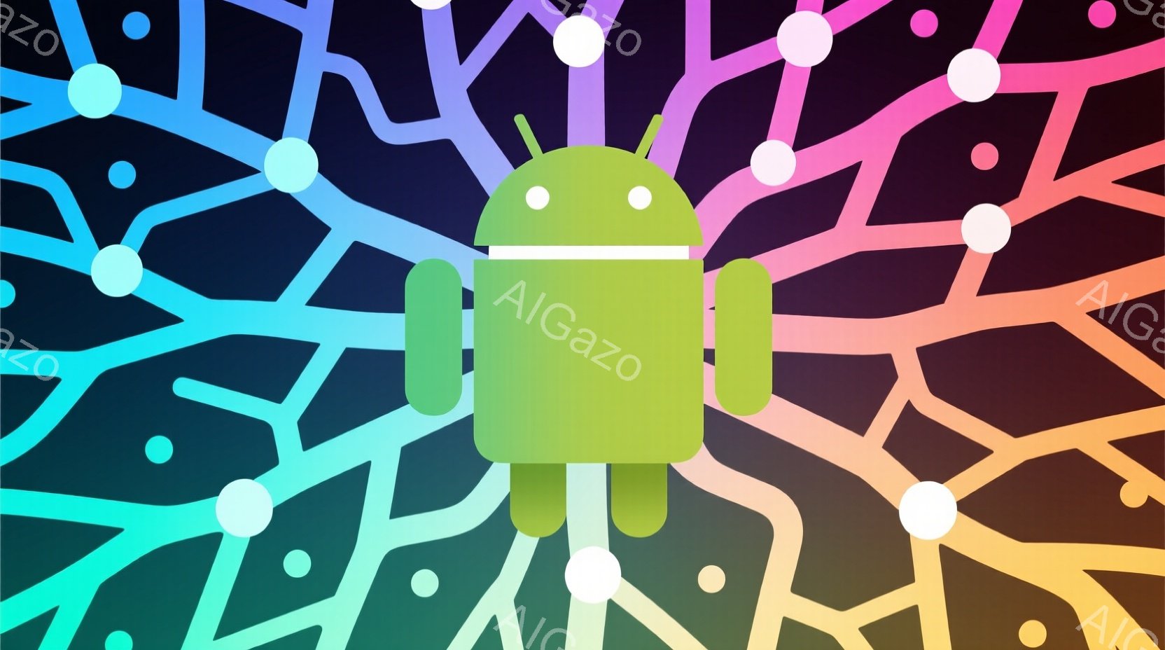 鮮やかなグラデーションの背景に、緑色のAndroidマスコットが中央に配置されています。背景は複雑な白い線で構成されており、まるで神経細胞やネットワークのような印象を与えます。全体的に明るく、未来的な雰囲気で、テクノロジーと創造性を象徴しているようです。