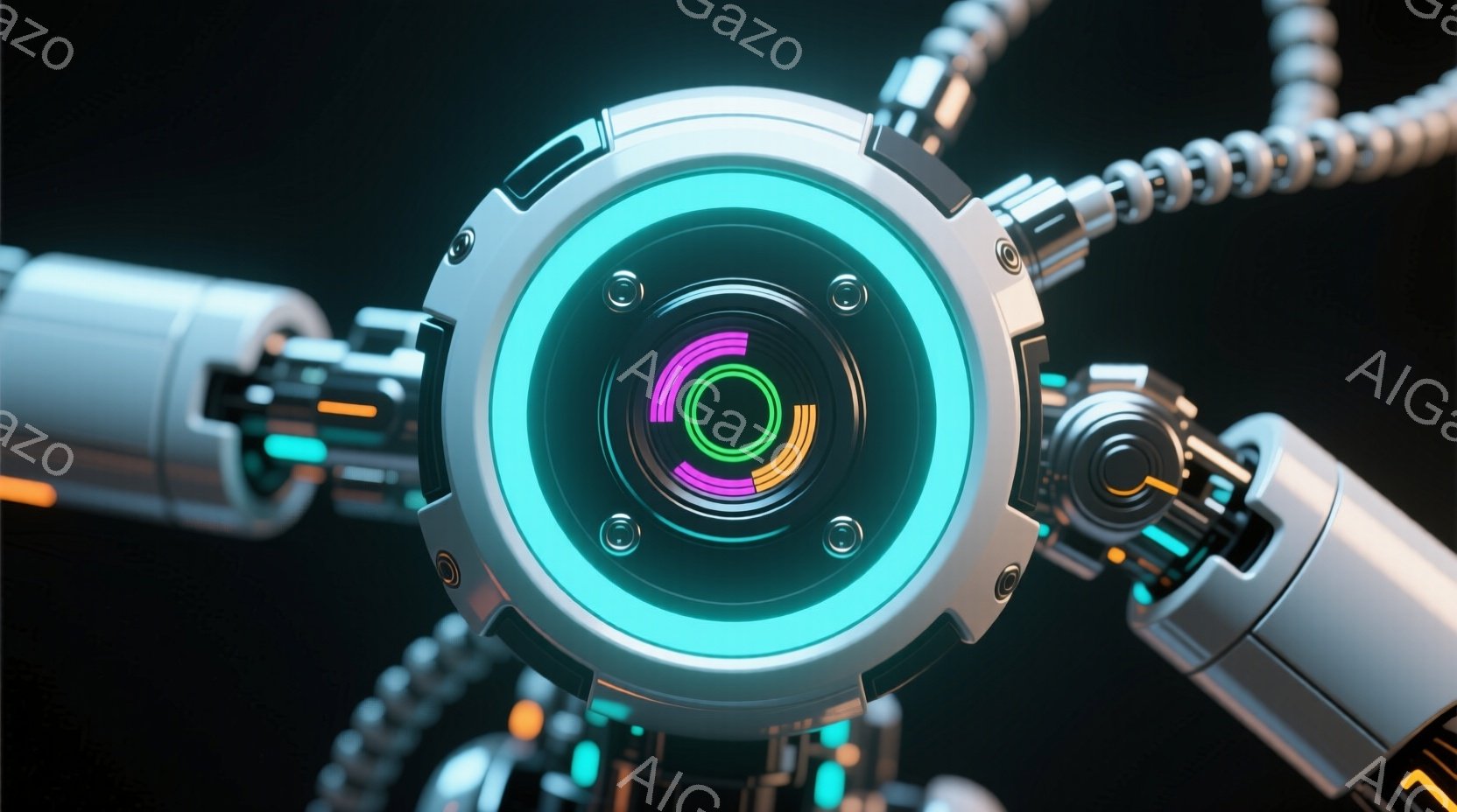 鮮やかなターコイズ色の光輪が中心にある、未来的なロボットアームの一部が描かれている。金属製の複雑な構造が精密に表現されており、内部には虹色の光が発光している。暗い背景がこのメカニカルな構造を際立たせ、ハイテクで先進的な雰囲気を醸し出している。