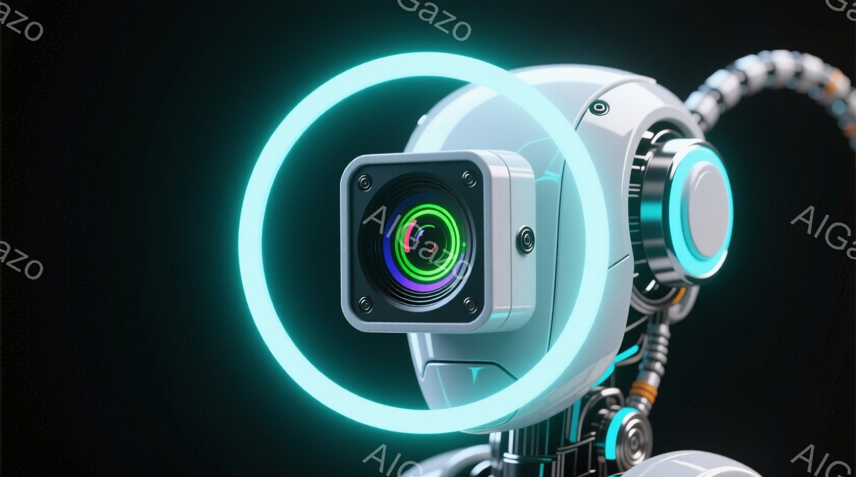 この画像は、未来的なロボットの顔のクローズアップです。ロボットの顔は滑らかな白い金属で覆われ、中央には虹色のレンズを持つ大きなカメラが配置されています。鮮やかなターコイズブルーのリングライトがカメラの周りを照らし、ロボットの機械的な肩と首の一部が見え、全体的に未来的でテクノロジー感あふれる雰囲気を醸し出しています。