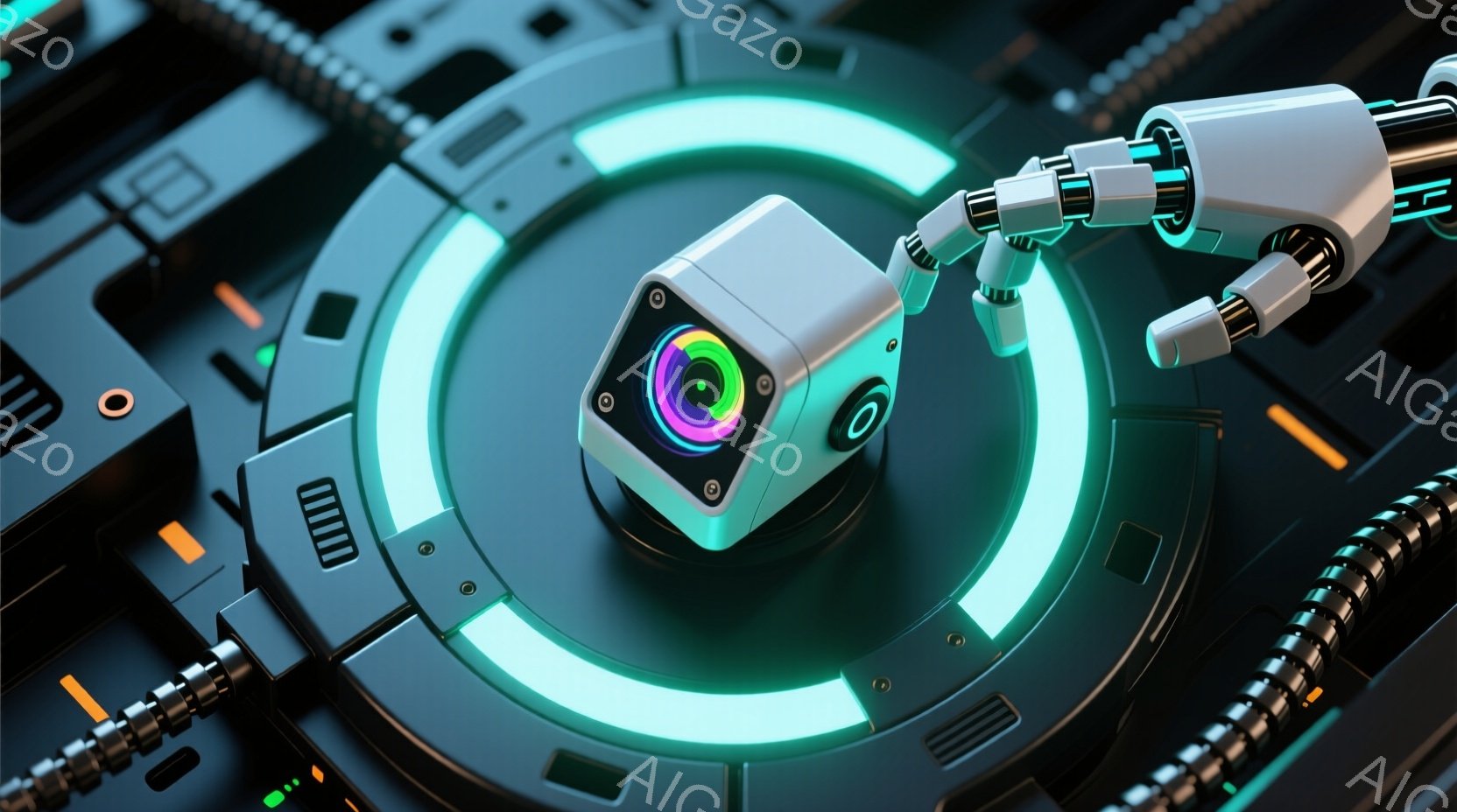 未来的な機械装置の中心に、キューブ状のセンサーが設置されており、虹色に輝くレンズが特徴的です。センサーの周囲には青緑色の光のリングがあり、メカニカルアームがセンサーに接近している様子が描かれています。背景は複雑な金属構造で、SF映画のような未来的な雰囲気を醸し出しています。