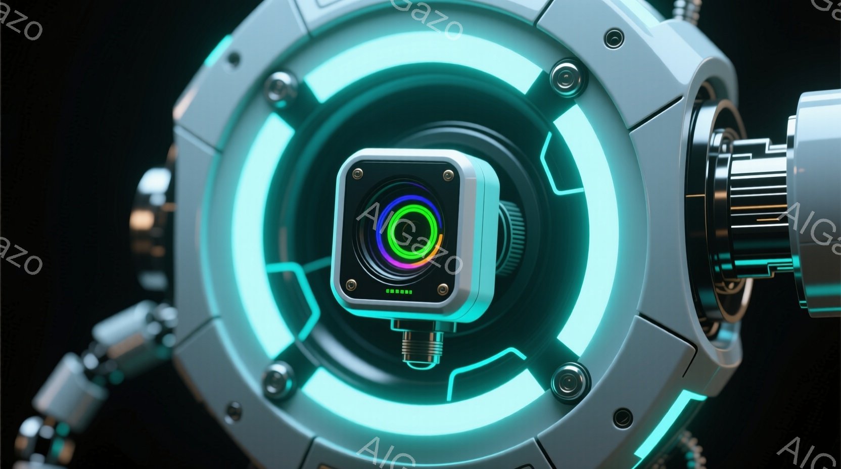 鮮やかなターコイズブルーの光が発するメカニカルなデバイスが特徴的な画像です。中央には虹色の光彩を放つカメラが配置され、未来的な技術を象徴しています。黒い背景に浮かび上がる金属製の構造体は、精巧なディテールと洗練されたデザインが際立ち、サイバーパンクな雰囲気を醸し出しています。