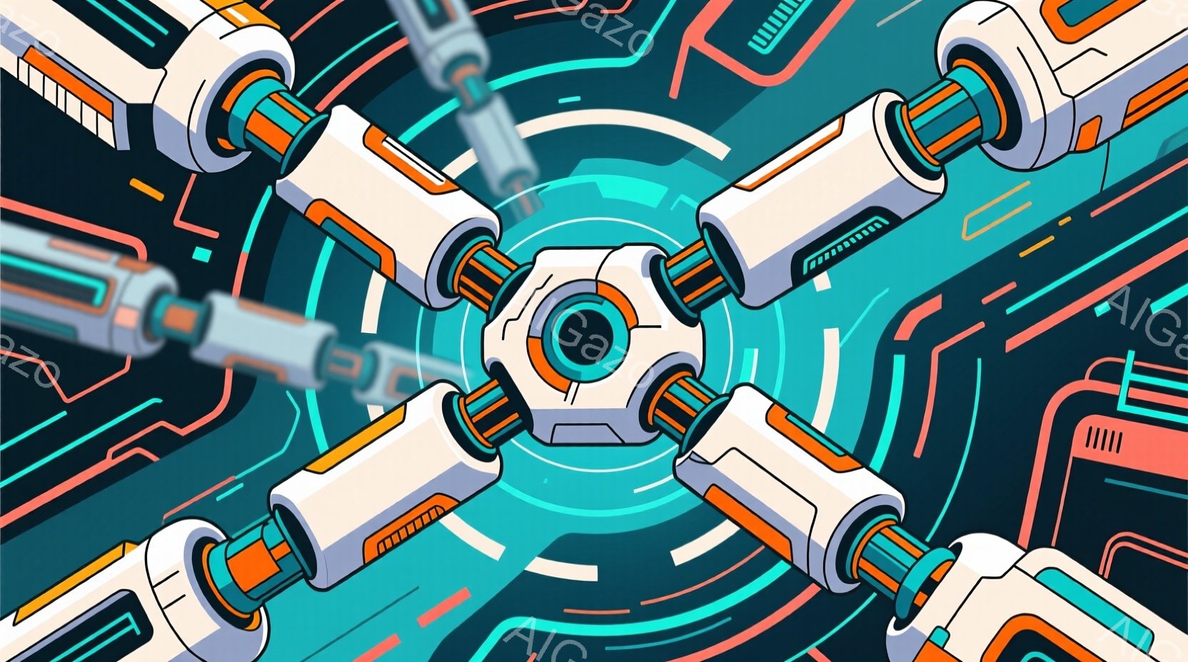 この画像は、複雑な機械的な構造を捉えた抽象的な表現です。白とオレンジ色のロボットアームのようなパーツが、中央の光る球体を囲むように配置され、ダイナミックな円運動を暗示しています。背景には、光る青とオレンジの線が放射状に広がり、未来的なテクノロジーとエネルギーの流れを表現しています。