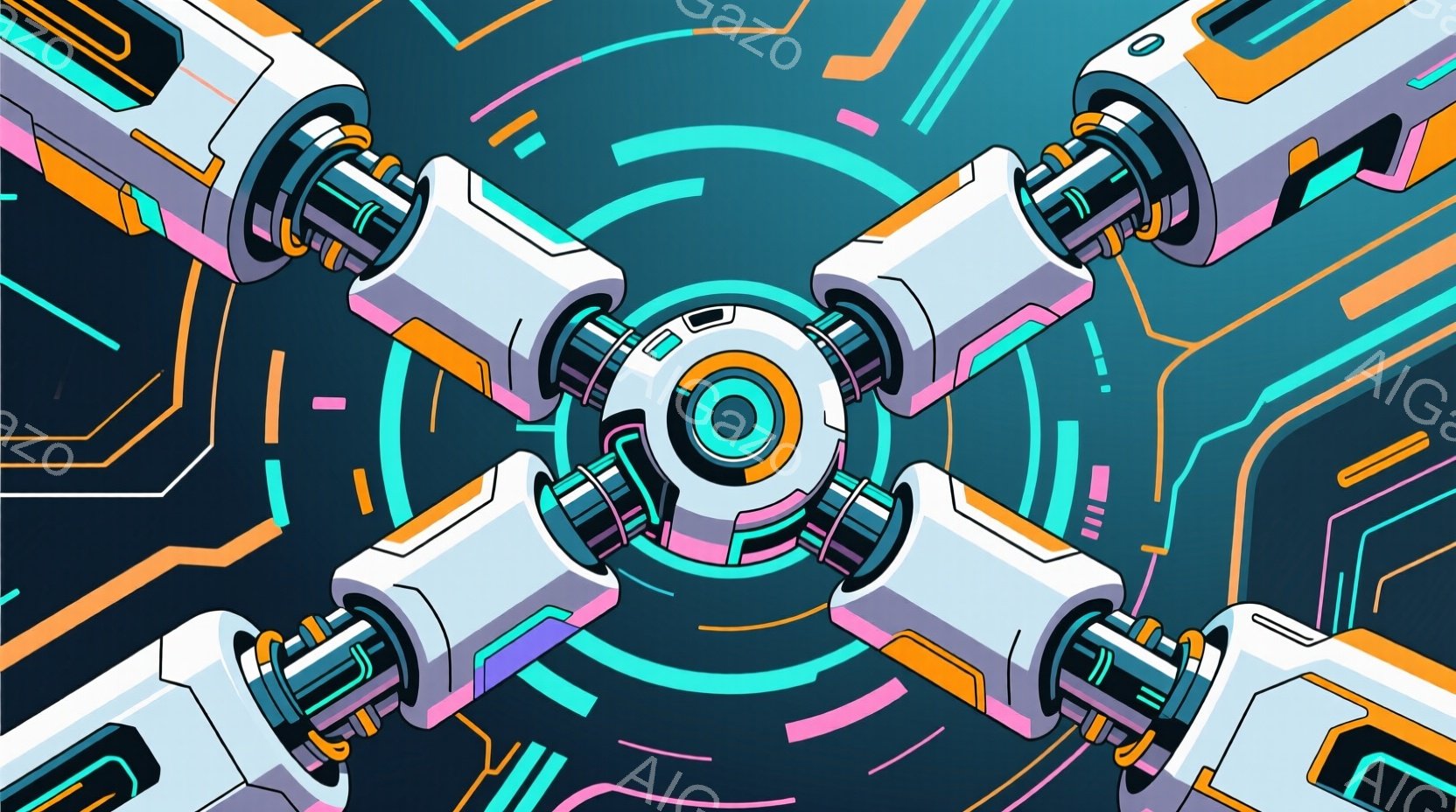 この画像は、中心に向かって収束するロボットアームの抽象的な表現です。アームは白とオレンジ色で構成され、未来的な青色の背景に蛍光ピンクと緑の回路模様が描かれています。全体的に、テクノロジーと接続性をテーマにした、洗練されたサイバーパンクな雰囲気です。