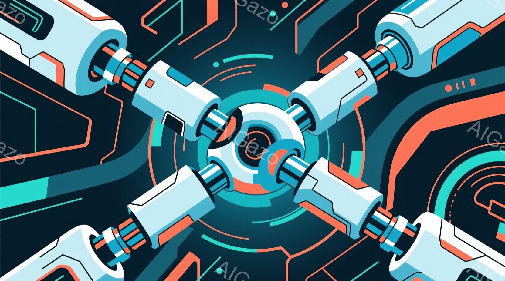 この画像は、未来的な回路図のような背景に、白とオレンジ色の機械部品が放射状に配置された抽象的な構成です。部品は中心に向かって伸びており、まるで何らかのエネルギーが収束しているかのような印象を与えます。全体的にクールでテクノロジーを感じさせる雰囲気であり、青緑色の背景がその印象をさらに強めています。