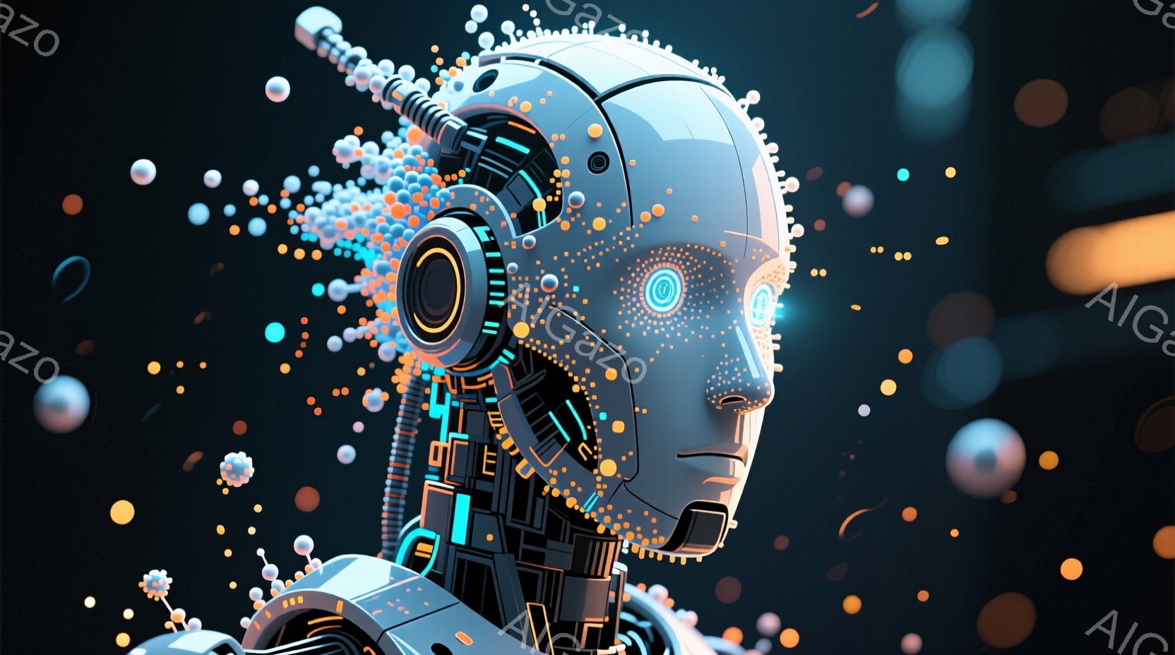 この画像は、未来的なロボットの顔のクローズアップです。顔は白とオレンジ色の光るラインで構成されており、複雑な回路とメカニズムが露わになっています。背景は暗く、ぼやけたオレンジと青の球体が散りばめられ、未来的な雰囲気を醸し出しています。