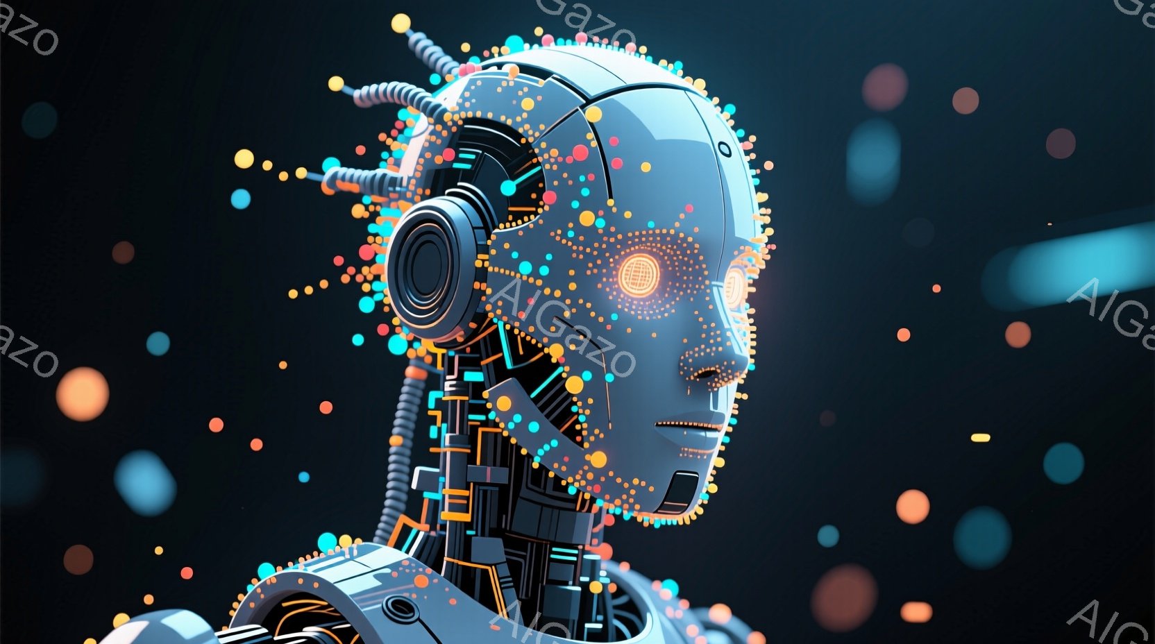 この画像は、複雑な回路と金属製のパーツで構成されたロボットの顔のクローズアップです。頭部から無数の光る粒子が散らばり、未来的な雰囲気を醸し出しています。背景は暗く、粒子が浮遊していることで、まるで宇宙空間のような印象を与えます。