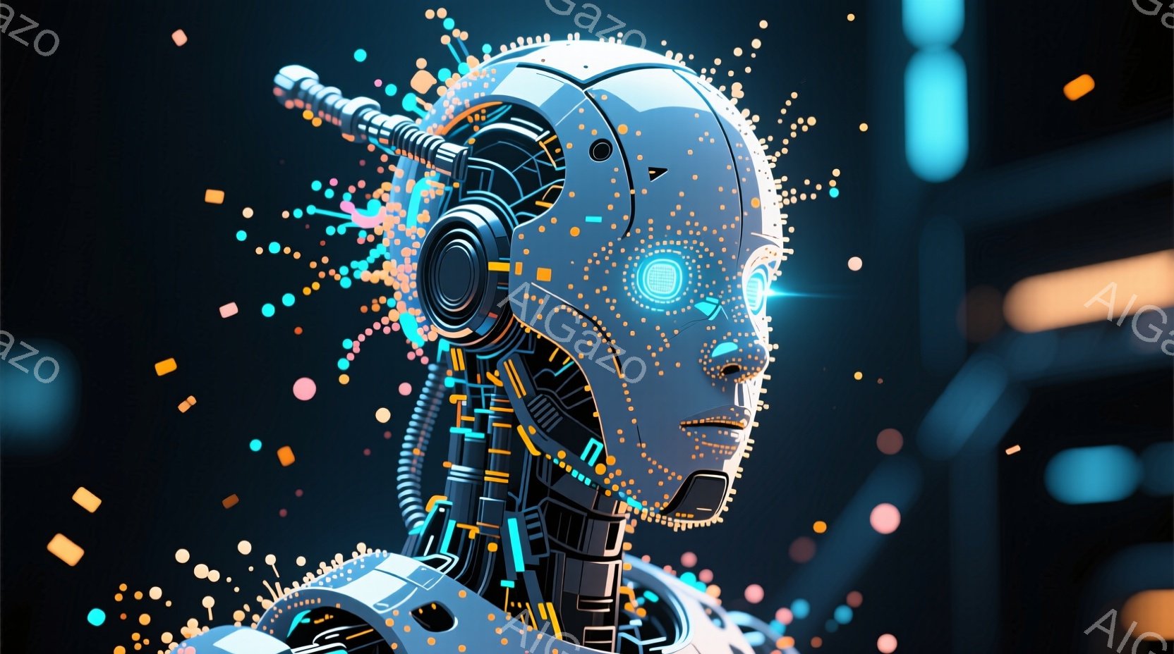 この画像は、複雑なメカニカルな構造を持つロボットの頭部を捉えています。頭部には、明るい青色の光を発する線や回路が走り、未来的な印象を与えます。背景は暗く、点在する光が星のような輝きを放ち、サイバーパンク的な雰囲気を醸し出しています。