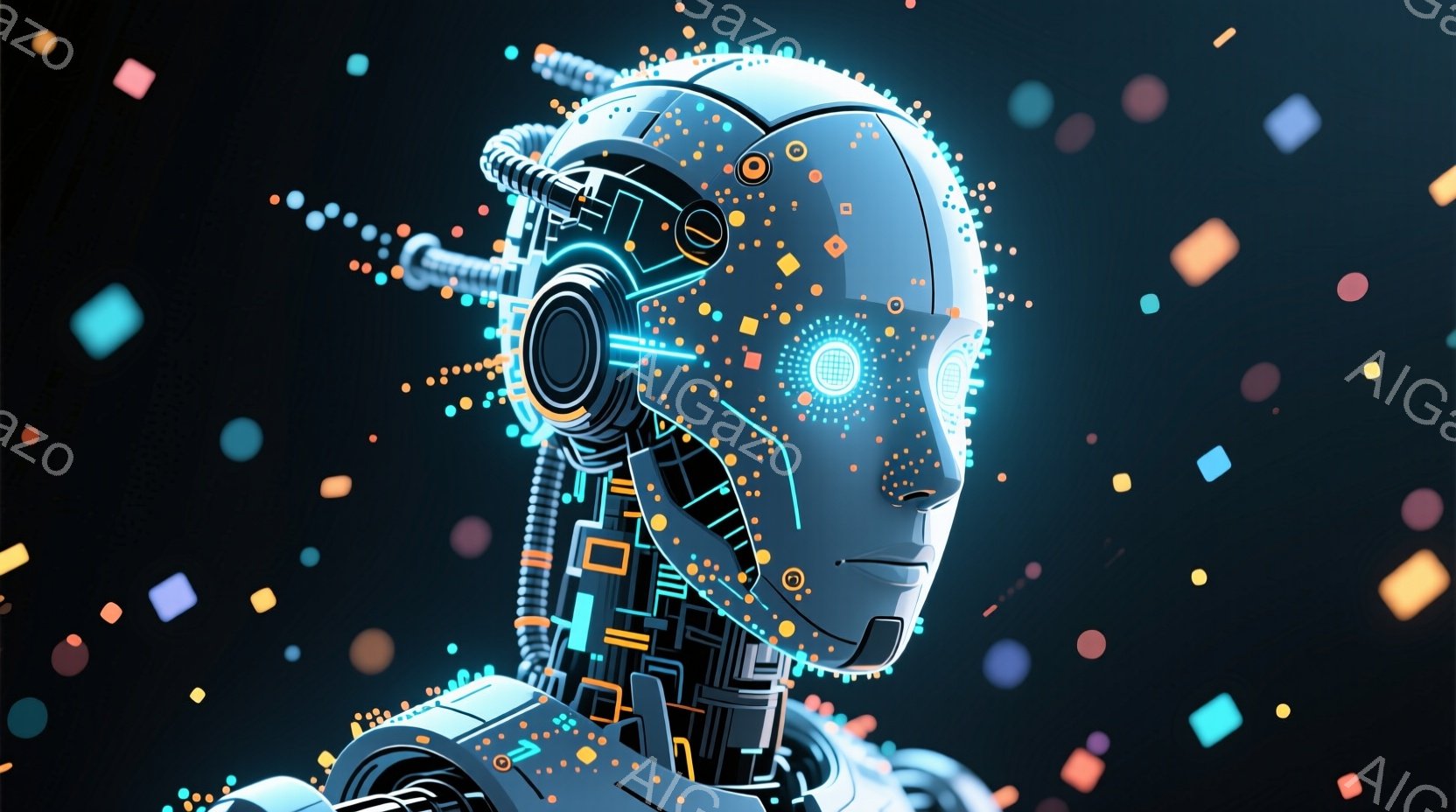 この画像は、未来的なロボットの頭部と肩の部分を捉えています。ロボットは白と青を基調とした洗練されたデザインで、複雑な回路や光るラインが組み込まれています。背景は暗く、小さなカラフルな四角形が散りばめら - AI生成フリー素材