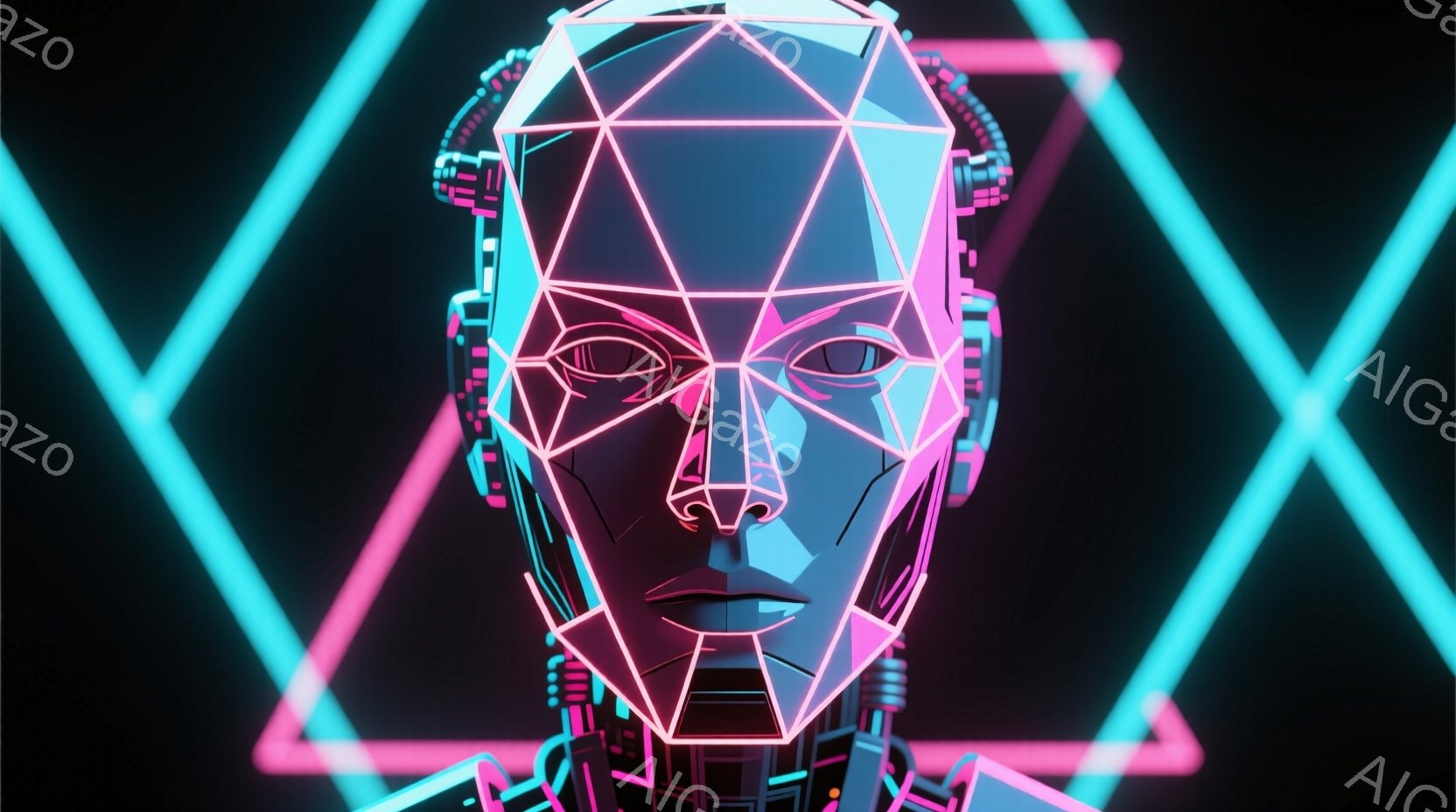 画像は、未来的な女性の顔のクローズアップで、ポリゴンで構成されたデザインが特徴的です。顔の輪郭や特徴はネオンピンクと青色の光で強調され、サイバーパンクな雰囲気を醸し出しています。背景は黒く、幾何学的な三角形のラインが光り、未来都市や仮想空間を連想させます。