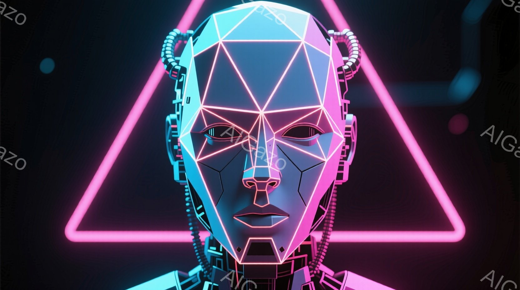 この画像は、幾何学的な線で構成された女性の顔を正面から捉えています。顔は未来的なロボットのような外観で、ネオンピンクの三角形が背景に浮かび上がっています。全体的に、サイバーパンク的で洗練された雰囲気が漂っています。