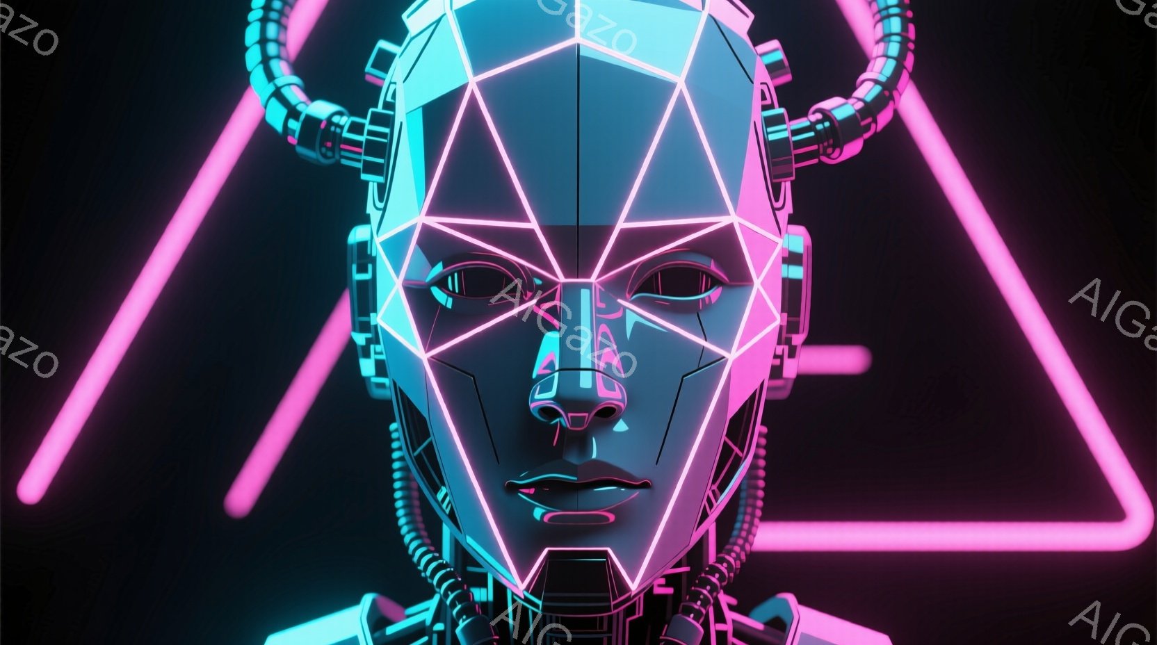 この画像は、未来的な女性の顔を表現したものです。顔は青いネオンライトで描かれたワイヤーフレームで構成され、サイバーパンク的な雰囲気を醸し出しています。背景は暗く、ピンクのネオンライトの三角形が顔の周りを囲み、未来都市の夜のイメージを想起させます。