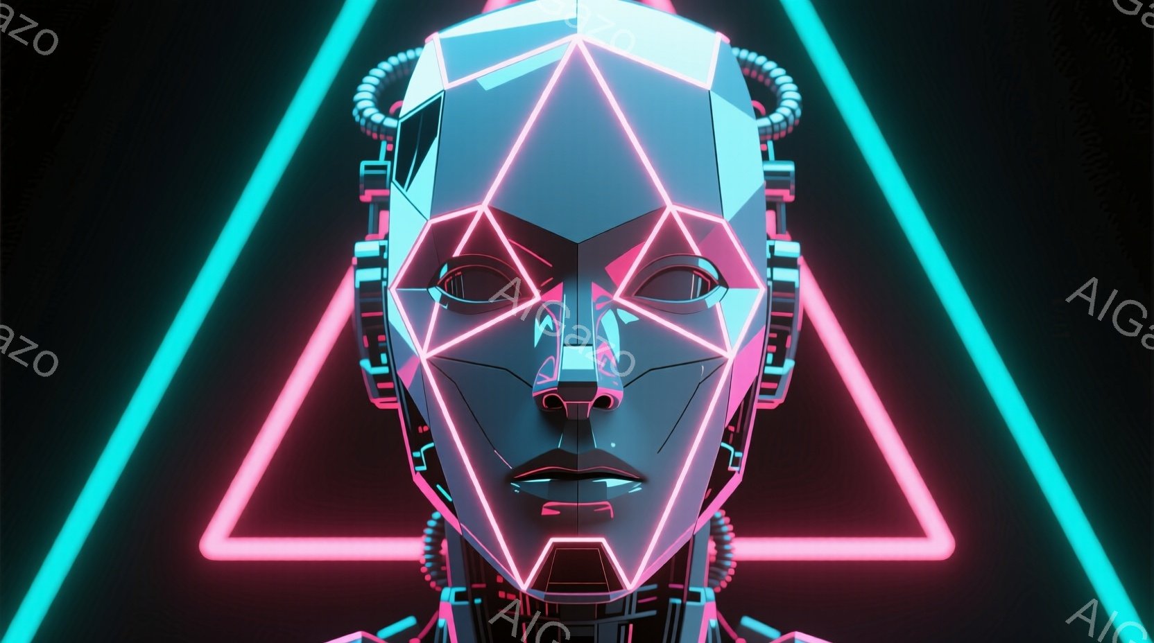 この画像は、未来的な女性ロボットの顔のクローズアップです。彼女の顔は幾何学的な線で構成されており、ネオンピンクと水色の光で強調されています。背景は暗く、ネオンピンクと水色の三角形が彼女の顔を囲み、サイバーパンクな雰囲気を醸し出しています。