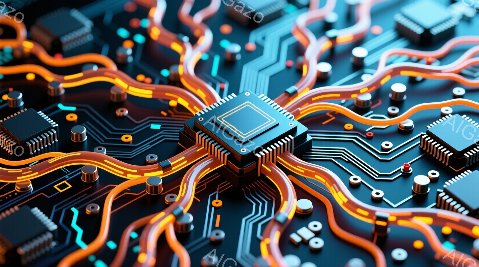 この画像は、回路基板をクローズアップしたもので、オレンジ色の光る線が複雑に接続されています。黒色のチップや電子部品が配置され、未来的なテクノロジーを感じさせるデザインです。鮮やかな色彩と光の表現が、回路基板の複雑さを強調し、洗練された印象を与えます。