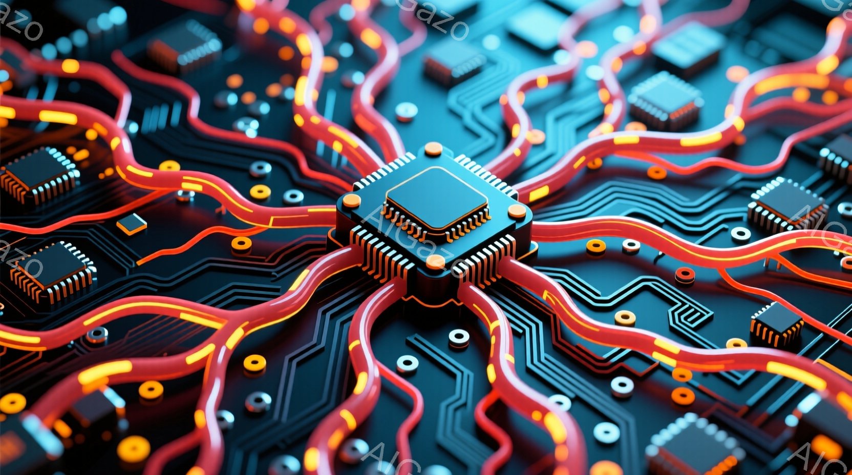 この画像は、複雑な電子回路基板のクローズアップであり、様々な電子部品が配線で繋がれている様子が描かれています。鮮やかな赤色の配線が基板上を網の目のように走り、オレンジや白の電子部品が配置され、全体的に未来的な印象を与えます。基板の色は濃い青色で、部品の光沢と配線の明るさが際立ち、テクノロジーの進化を感じさせるビジュアルです。