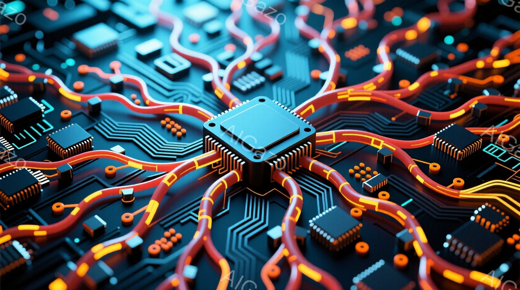 この画像は、複雑な回路基板をクローズアップしたものです。青色の大きなチップが中央に位置し、そこから赤とオレンジの光る線が放射状に広がっています。基板全体が暗い背景に浮かび上がり、未来的なテクノロジーの雰囲気を醸し出しています。