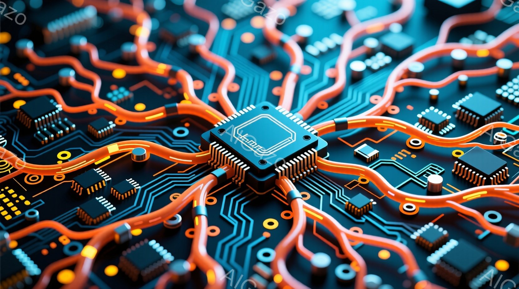 この画像は、複雑な電子回路基板をクローズアップしたものです。鮮やかなオレンジ色の配線が黒色の基板上を走り、様々な電子部品が配置されています。全体的に未来的な印象を与え、技術革新やデジタル世界のイメージ - AI生成フリー素材