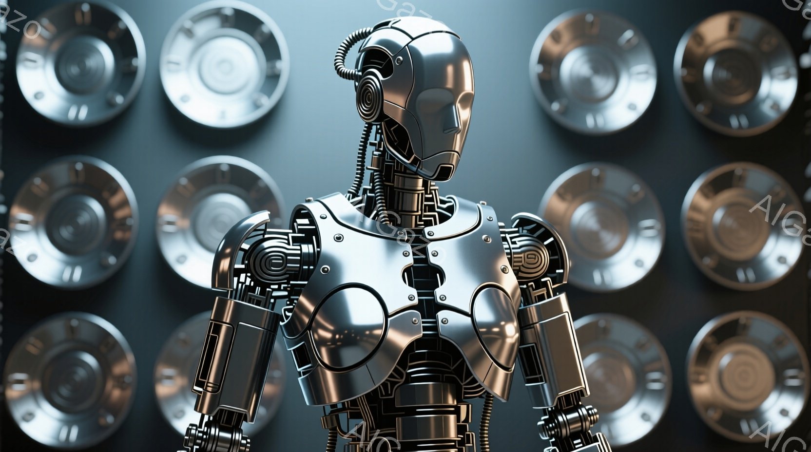 鮮やかな金属製のロボットが、複雑なメカニカルな構造を露わにしながら正面を向いています。ロボットは、丸みを帯びたヘルメットのような頭部と、露出した配線や関節を持つ身体を持っており、精密なエンジニアリングの証です。背景には、円形の金属製のパネルが整然と並んでおり、ロボットの金属的な質感を強調し、未来的な雰囲気を醸し出しています。