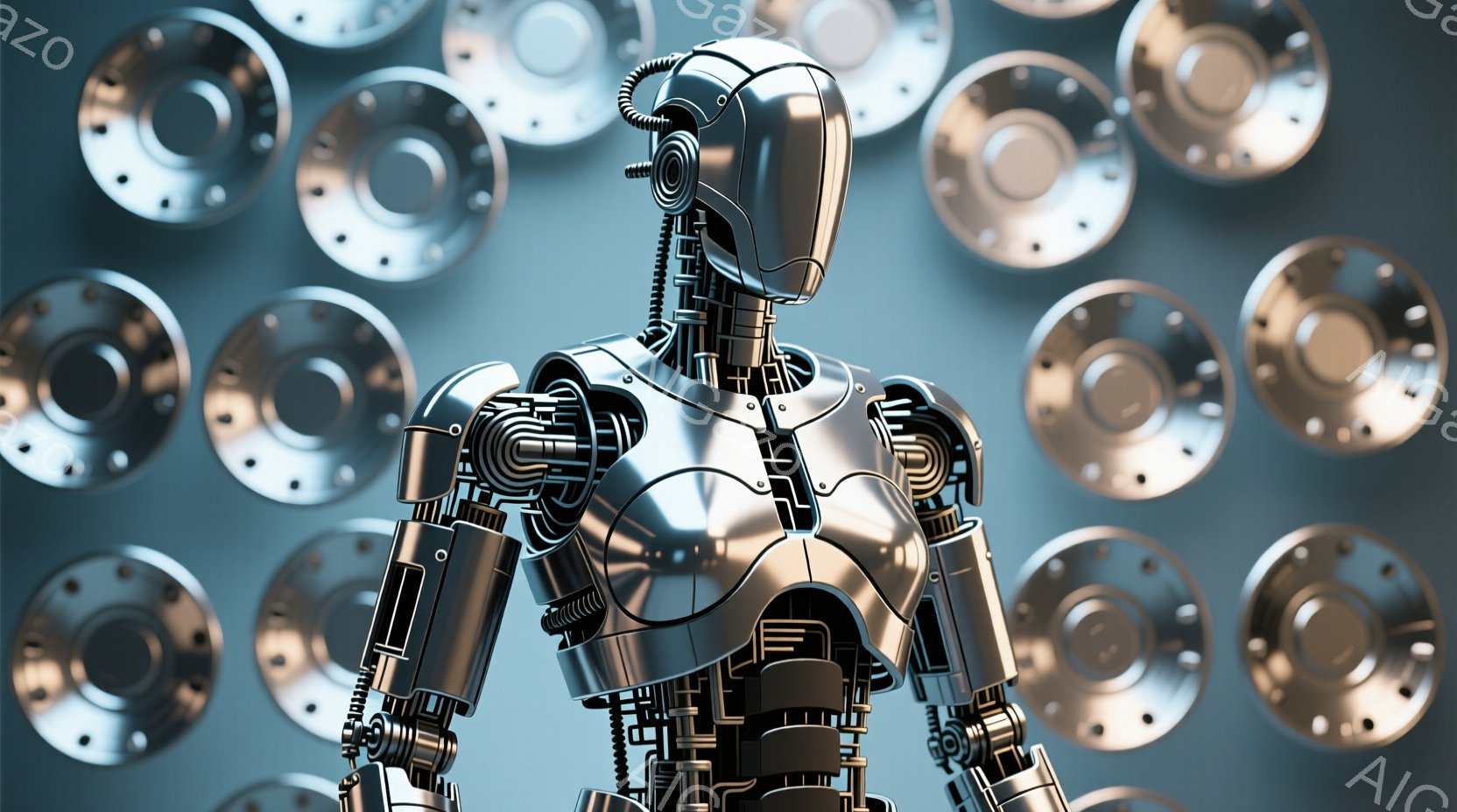 この画像は、未来的な金属製のロボットの胸より上の部分が写っています。ロボットは滑らかな銀色の外装を持ち、複雑な内部メカニズムがわずかに覗いています。背景は、さまざまなサイズの金属製の円盤が規則的に配置されており、近未来的な工場または研究室のような雰囲気を醸し出しています。