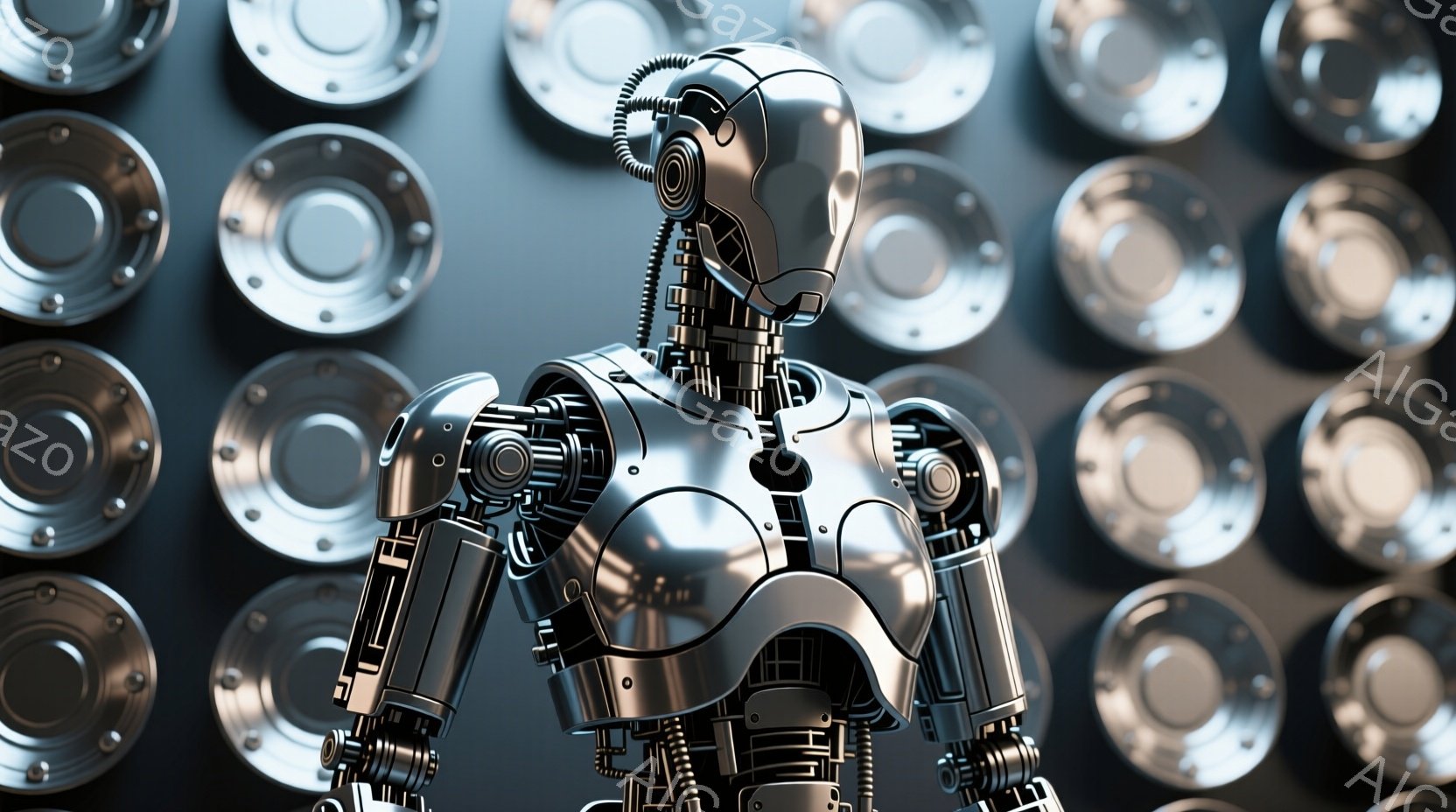 鮮やかな金属製のロボットが、暗い背景の前面に立っている。複雑な配管と機械的なディテールが特徴で、人間のような形を模倣しているが、表情は読み取れない。背景には、同じ金属製の円盤が規則的に並んでおり、技術的で産業的な雰囲気を醸し出している。