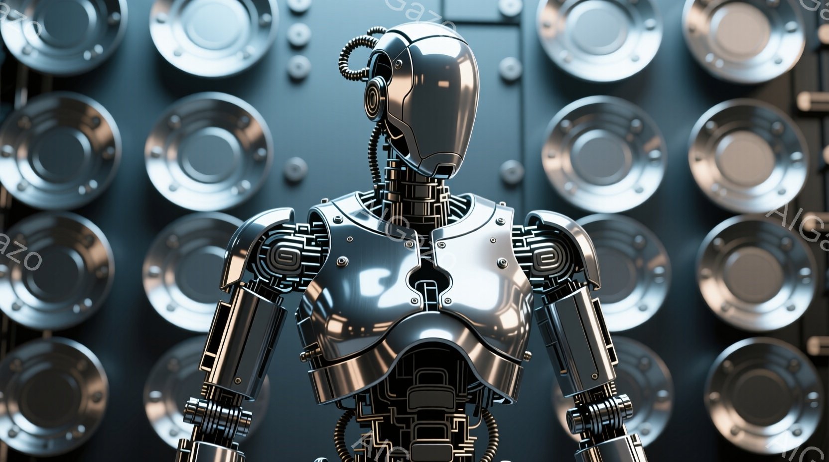 磨き上げられた金属製のロボットが、胸部までを正面から捉えられています。複雑な配管とパネルで構成されたボディは、未来的なメカニズムを感じさせ、無表情な顔は冷たく、どこか威圧的です。背景には、同じ金属製の円盤が規則的に並んだ壁があり、無機質で重厚な雰囲気を醸し出しています。