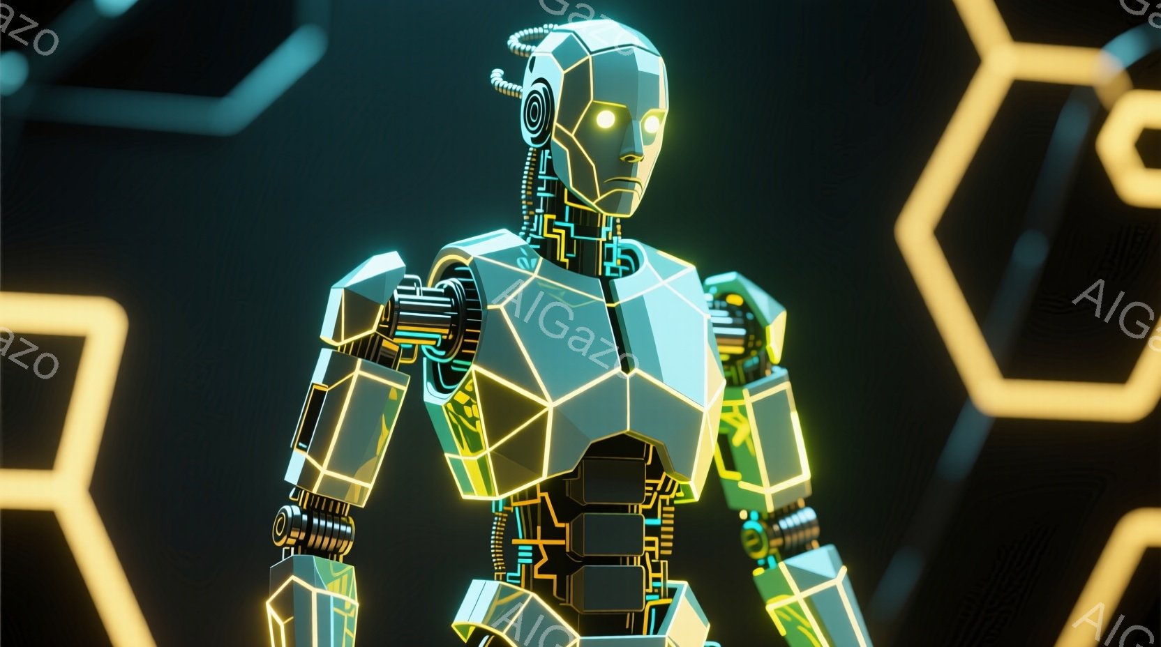 鮮やかなネオンラインで構成された人型のロボットが描かれています。幾何学的な形状が組み合わさったボディは、内部に複雑な回路が光っており、未来的な印象を与えます。背景には、六角形のパターンが繰り返し配置され、サイバーパンク的な雰囲気を醸し出しています。