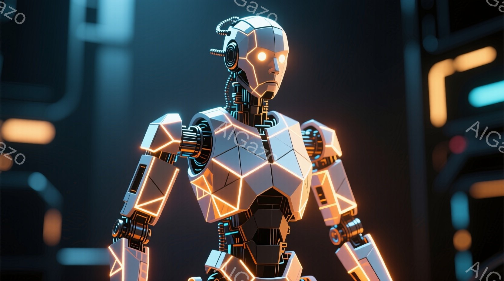 白と黒を基調とした未来的なロボットが写っている。その体は幾何学的な線とパネルで構成され、明るいオレンジ色の光がライン状に流れている。背景は暗く、青とオレンジの光がぼやけており、技術的な構造物の一部が見える。