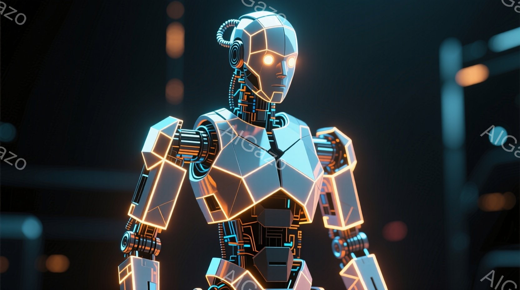 未来的なロボットが描かれており、幾何学的な線で構成されたボディが特徴的です。明るいオレンジ色のラインがボディ全体を照らし、その目は鮮やかなオレンジ色に光っています。背景は暗く、ぼやけた都市の光がわずかに見え、近未来的な雰囲気を醸し出しています。