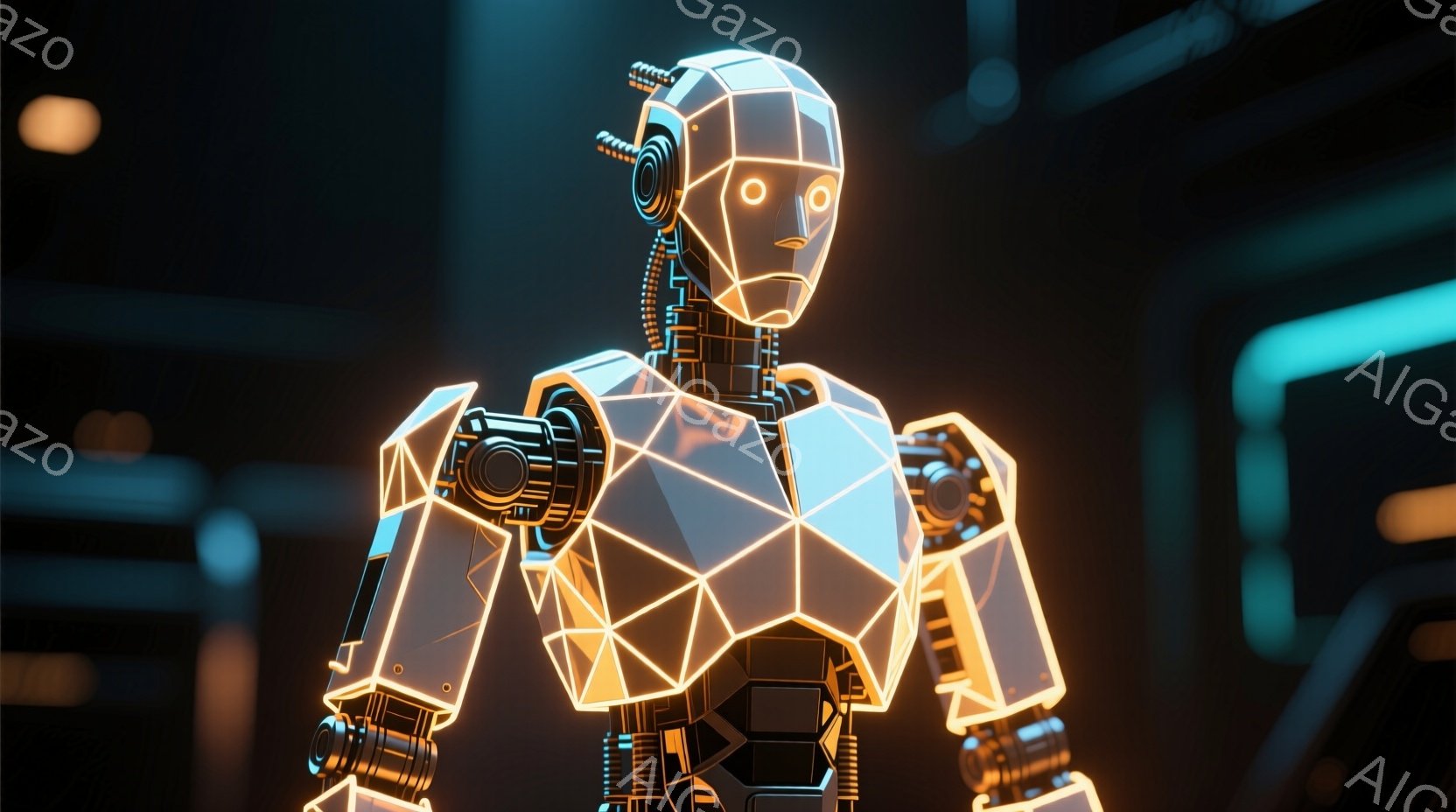 この画像は、発光するネオンオレンジの線で構成された未来的なロボットの胸像です。幾何学的なポリゴンで構成されたボディは、まるでワイヤーフレームモデルのようです。背景は暗く、わずかにぼやけた構造物がぼんやりと見え、未来的な雰囲気を醸し出しています。