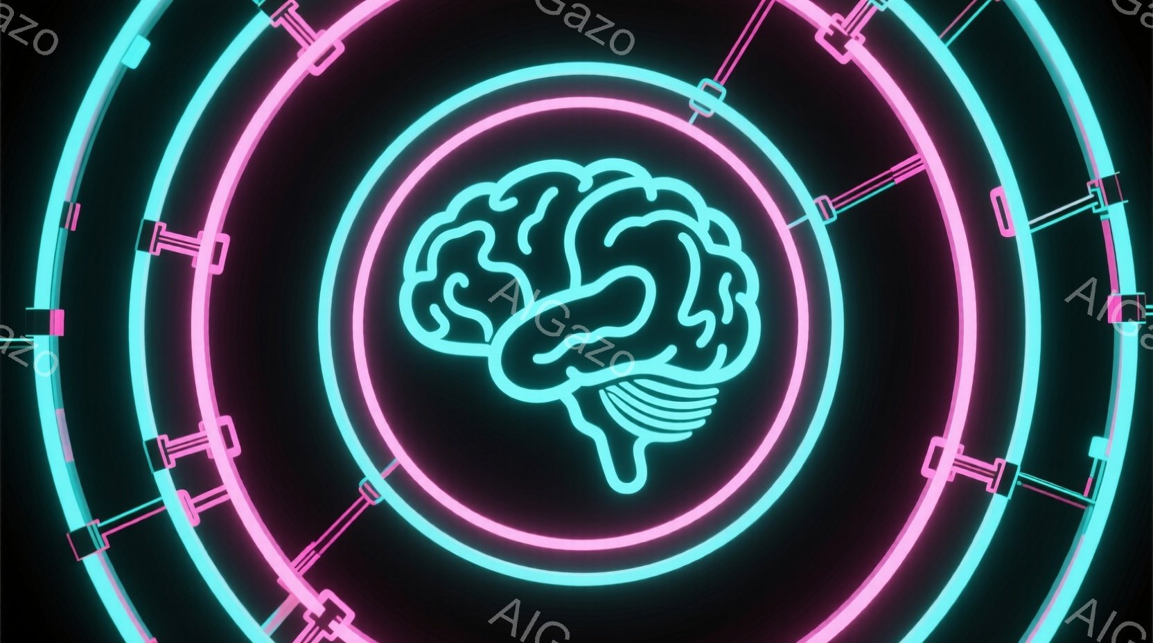 鮮やかなネオンブルーで描かれた脳のイラストが、同心円状に配置されたネオンピンクと青色の光の輪の中に浮かび上がっています。背景は黒く、光の輪が未来的な雰囲気を醸し出しています。全体として、テクノロジーと知性の融合を表現したような、サイバーパンク調のイメージです。