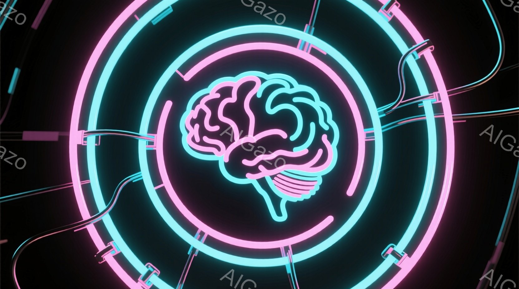 鮮やかなネオンピンクとターコイズブルーの円が重なり合い、中心には脳のシルエットが浮かび上がっています。背景は漆黒で、円からは細い光の線が放射状に広がっており、未来的なテクノロジーを感じさせるデザインです。全体的に、知性、創造性、そしてデジタル世界の融合を表現したような、クールで洗練された雰囲気です。