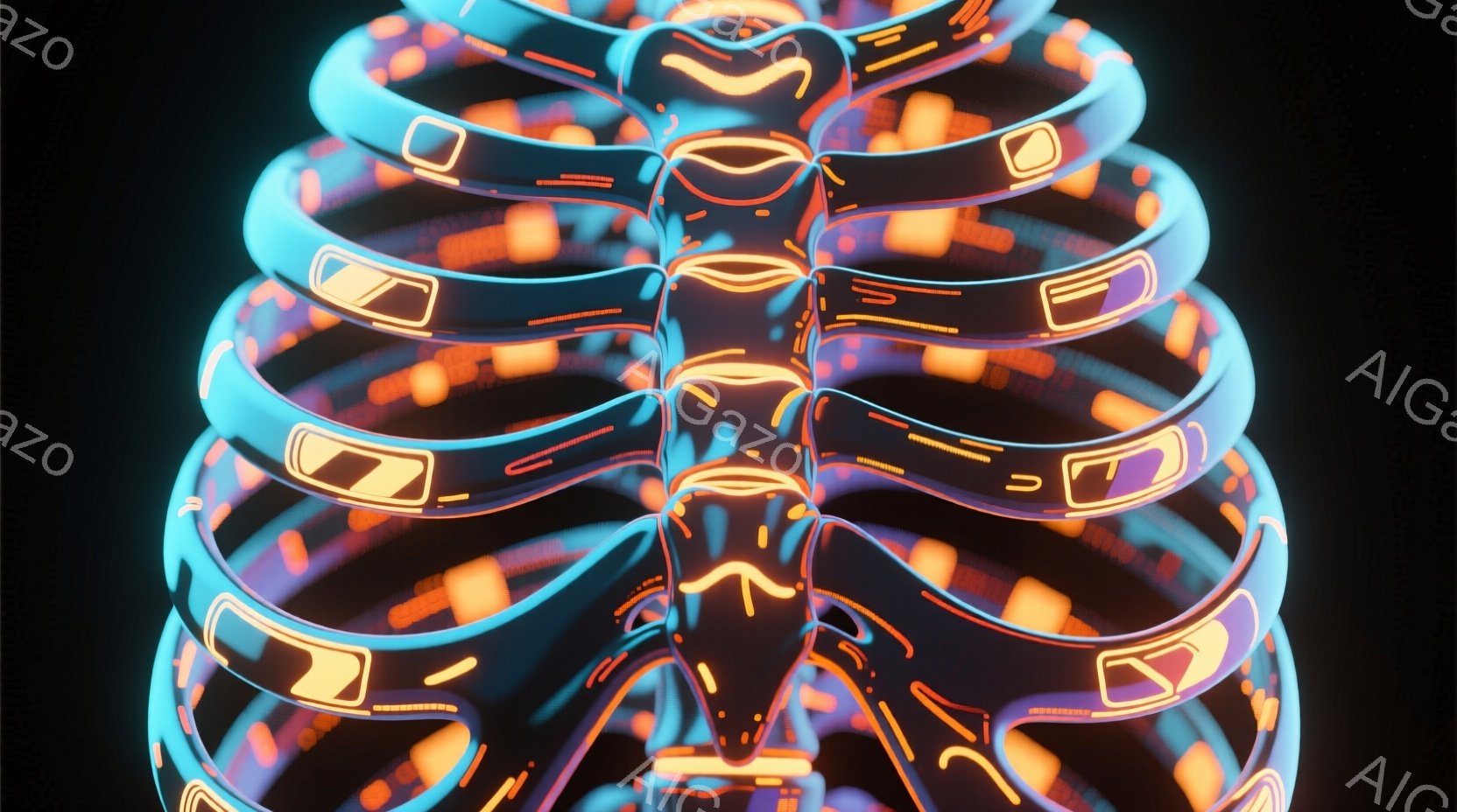 鮮やかなネオンカラーで描かれた肋骨の構造体が、暗い背景に浮かび上がっています。肋骨はオレンジと青の光を放ち、まるで未来的な機械内部のような印象を与えます。全体的に、神秘的でサイバーパンクな雰囲気を醸し出しています。