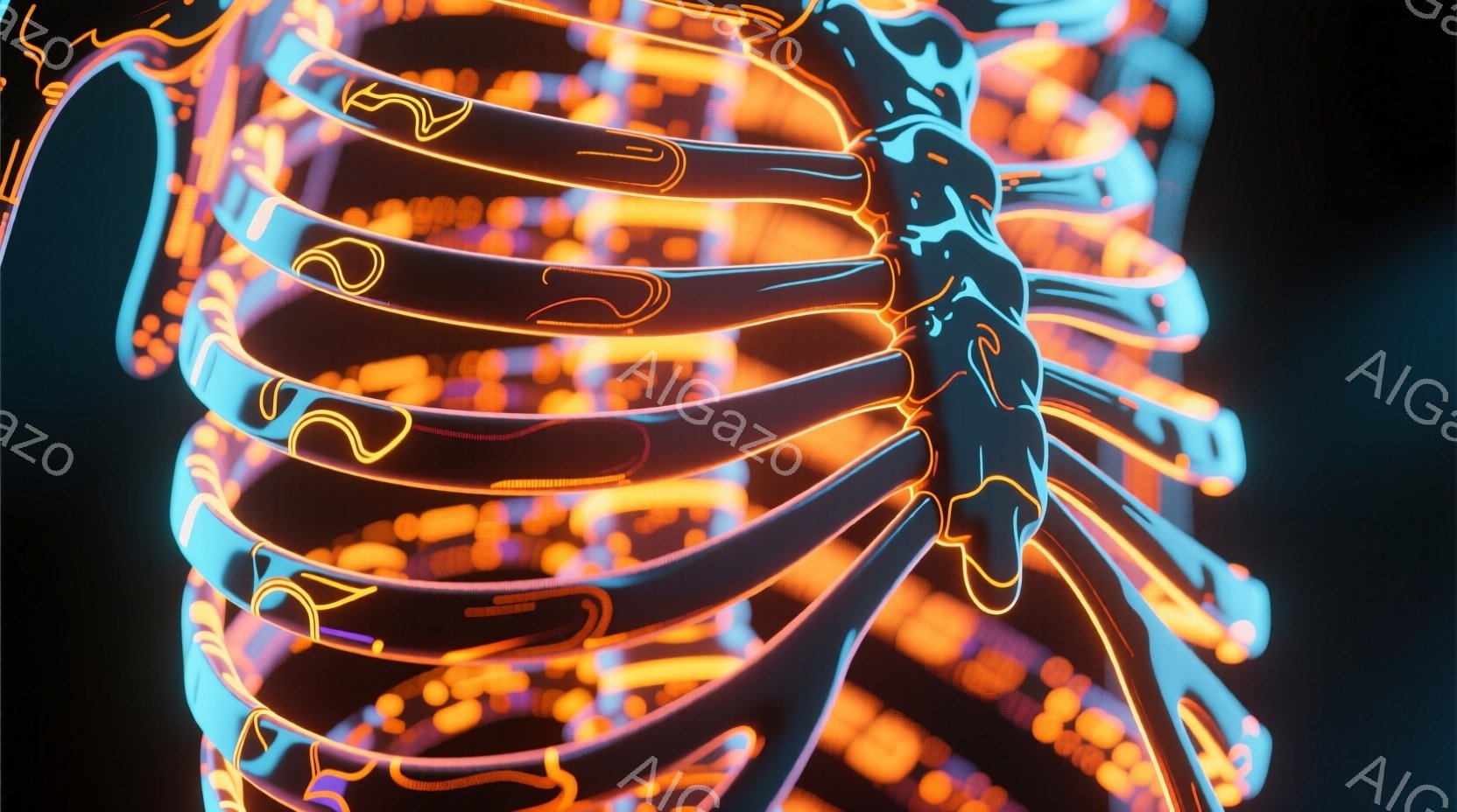 この画像は、ネオンライトで描かれた人物のシルエットを捉えています。人物は、未来的な光の円筒形構造の中に立っており、鮮やかなオレンジ色と青色の光が周囲を照らしています。全体的に、サイバーパンク的で幻想的な雰囲気が漂っています。