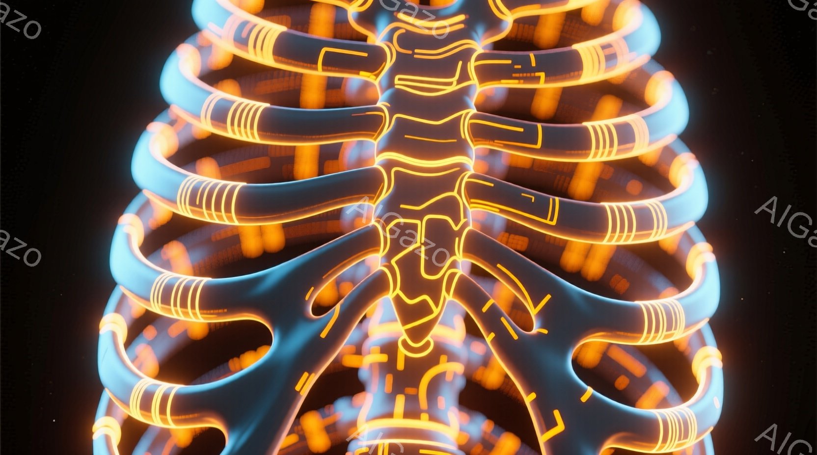 この画像は、光を放つ骨格のような構造物を捉えています。肋骨は鮮やかなオレンジ色で、青い光のラインが通っており、未来的な印象を与えます。背景は暗く、星空のように小さな光点が散りばめられており、神秘的で幻想的な雰囲気を醸し出しています。