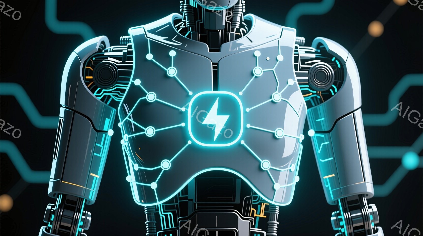 この画像は、未来的なロボットの胸部アップです。青色の発光する回路が体の輪郭に沿って走り、中央には稲妻のようなマークが光っています。背景は暗い青色で、細かい回路パターンが描かれており、SF的な雰囲気を醸し出しています。