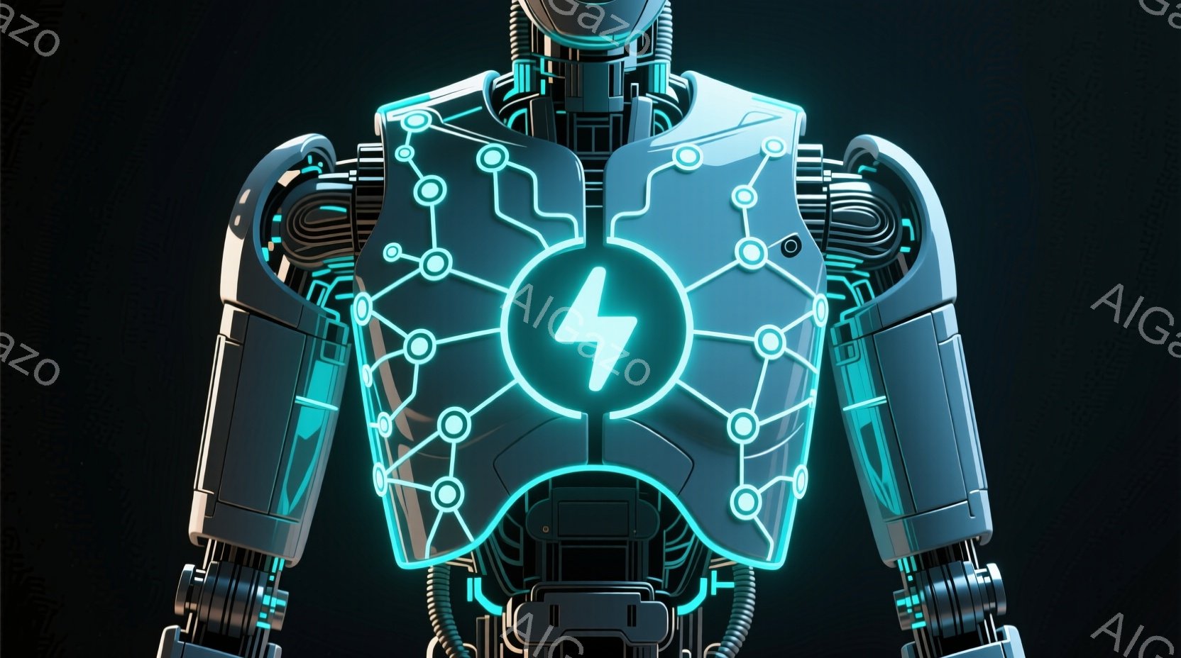 この画像は、未来的なロボットの胸部のクローズアップです。青色の発光回路が体の前面を覆い、中心には稲妻のようなマークが光っています。背景は暗く、技術的な雰囲気を醸し出しており、ロボットの構造的なディテールが際立っています。