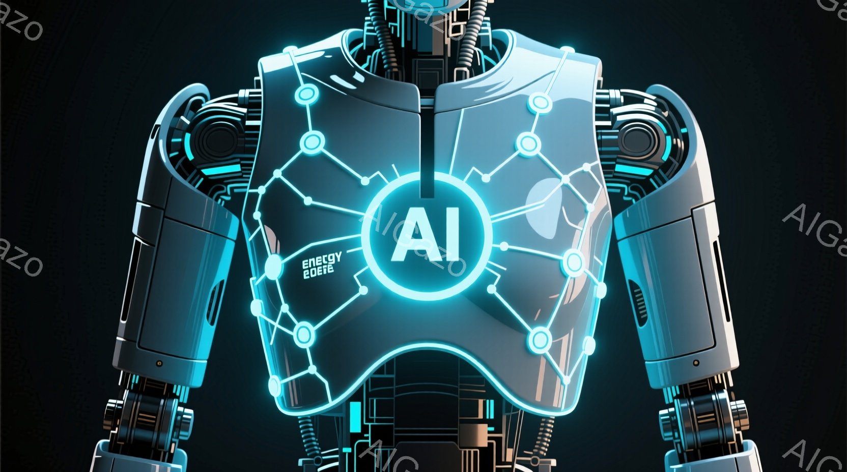 この画像は、未来的なロボットの胸部と肩部を描いています。青い光が回路のような模様を描き、その中心には「AI」と書かれた円形の光るプレートがあります。背景は暗く、機械的な構造がわずかに見え、全体的に先進的でテクノロジーを感じさせる雰囲気です。