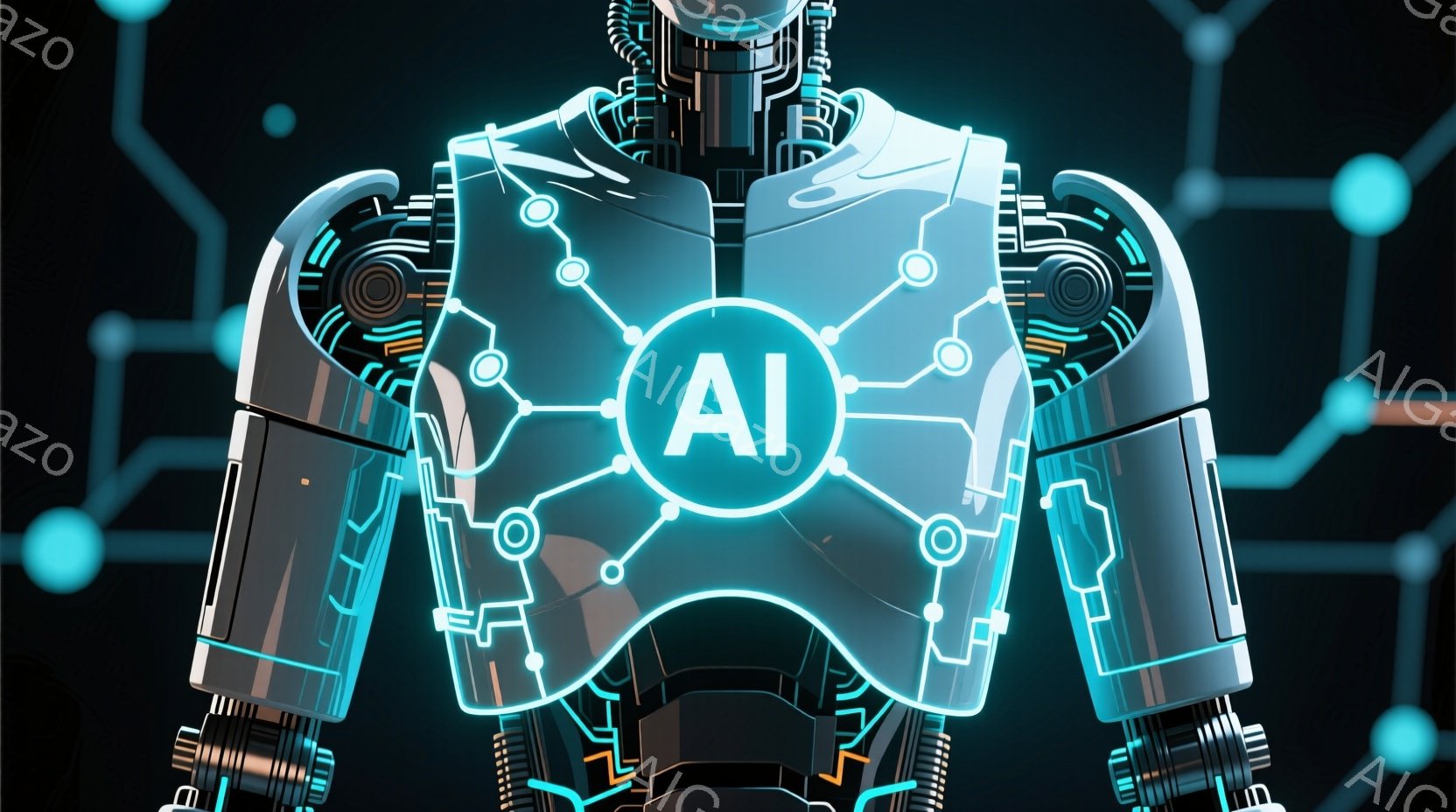 この画像は、青色の光るラインで構成されたロボットの胸部と肩部のアップです。ロボットの中心部には「AI」と書かれた円形のディスプレイがあり、未来的な技術を象徴しています。背景には、青とオレンジの光る線が複雑に絡み合った回路図のような模様が広がっており、サイバーパンクな雰囲気を醸し出しています。